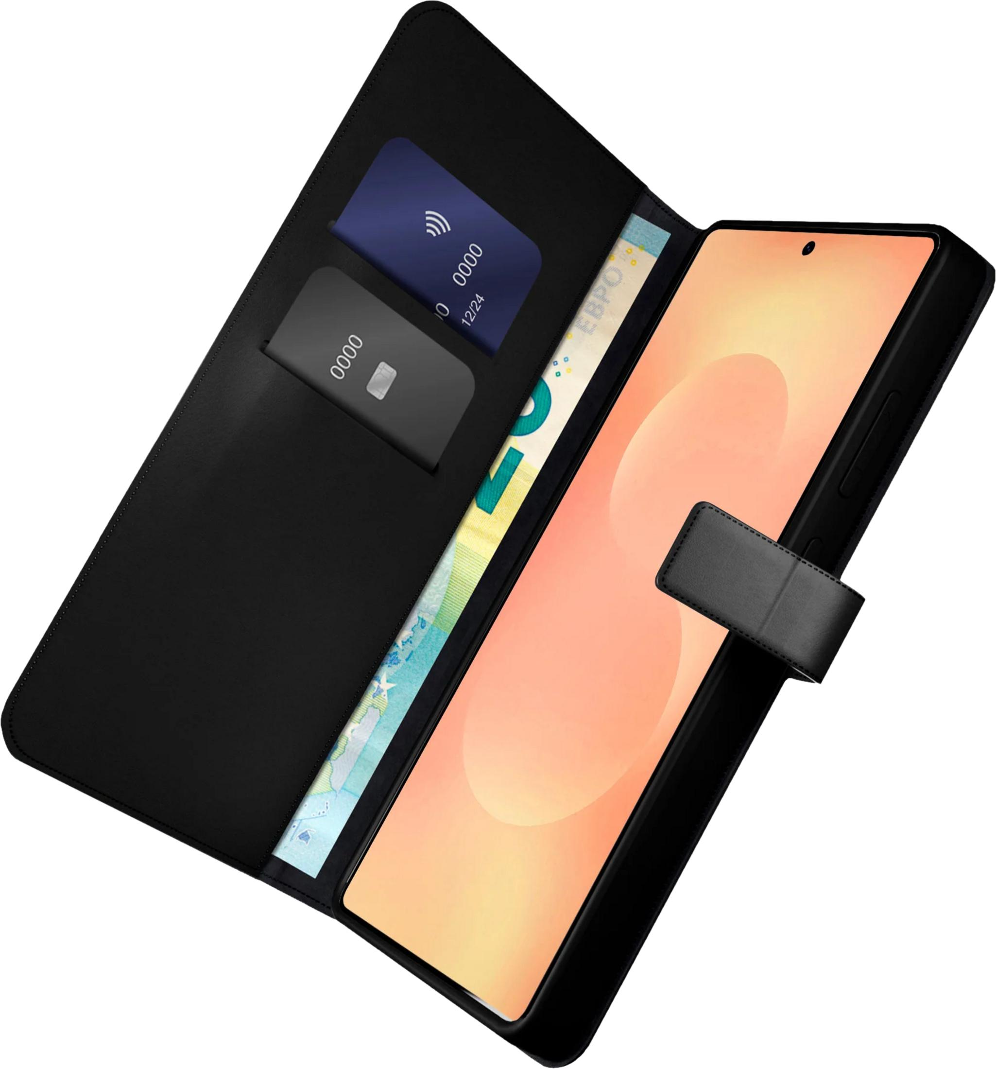 Custodia nera per telefono con slot per carte, una banconota e un telefono.