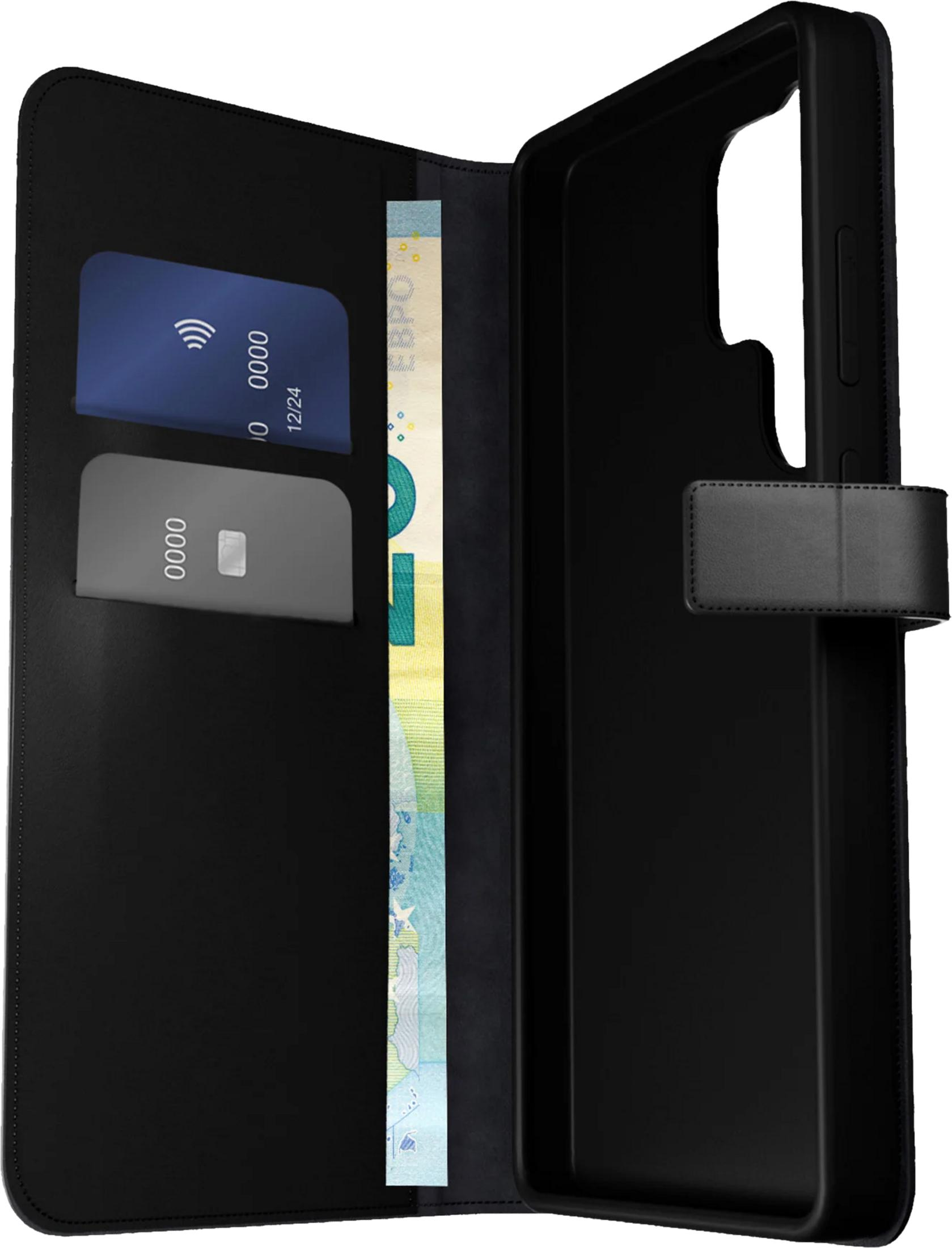 Custodia a portafoglio nera per telefono con slot per carte e scomparto per contanti.