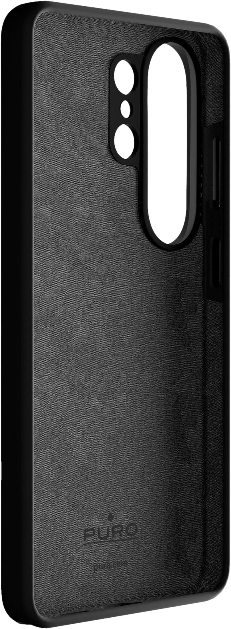 Custodia nera per telefono con ritaglio fotocamera e logo Puro.
