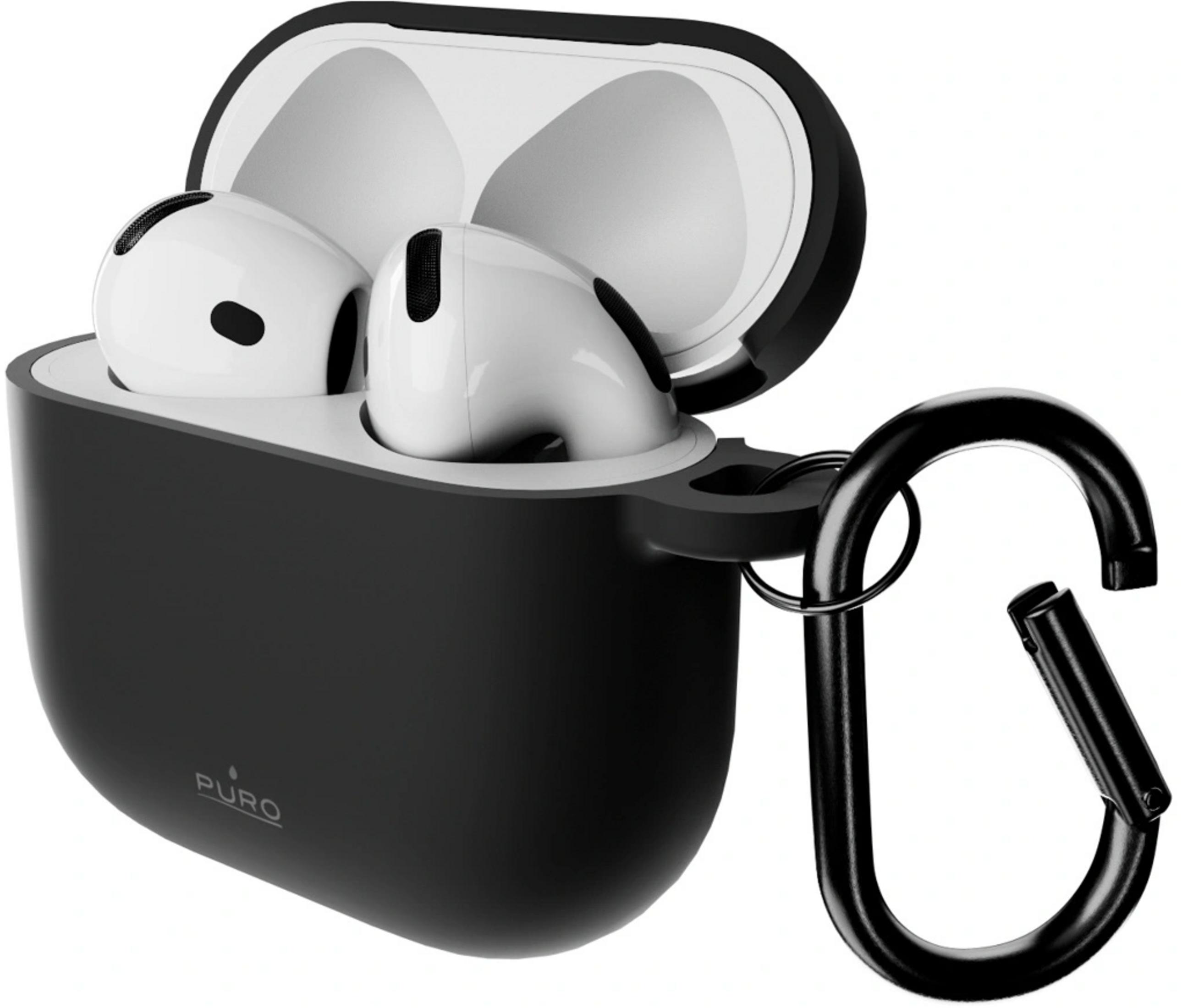 Auriculares blancos en un estuche de carga negro abierto con mosquetón.