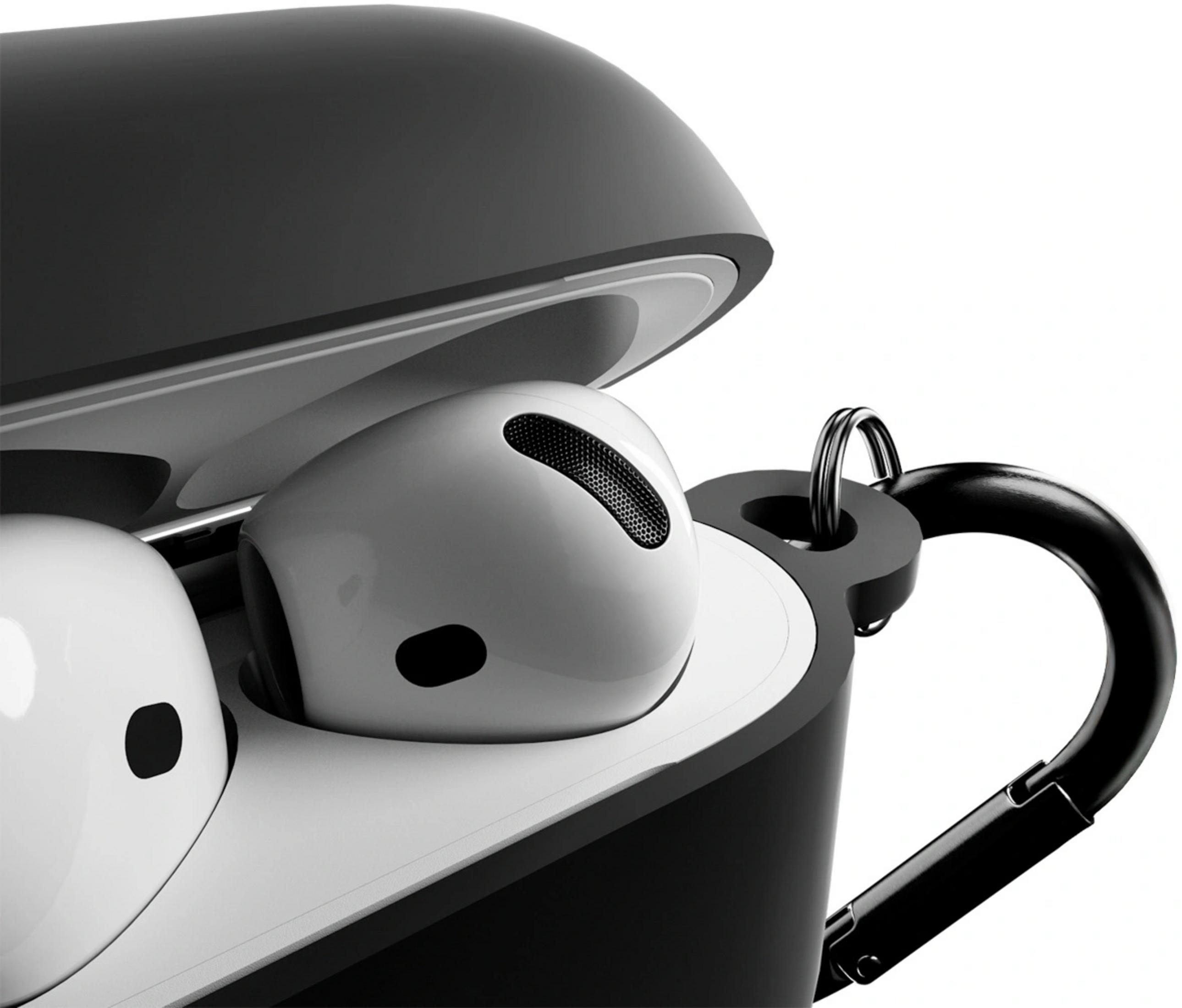 Auriculares blancos en un estuche de carga negro abierto con llavero.