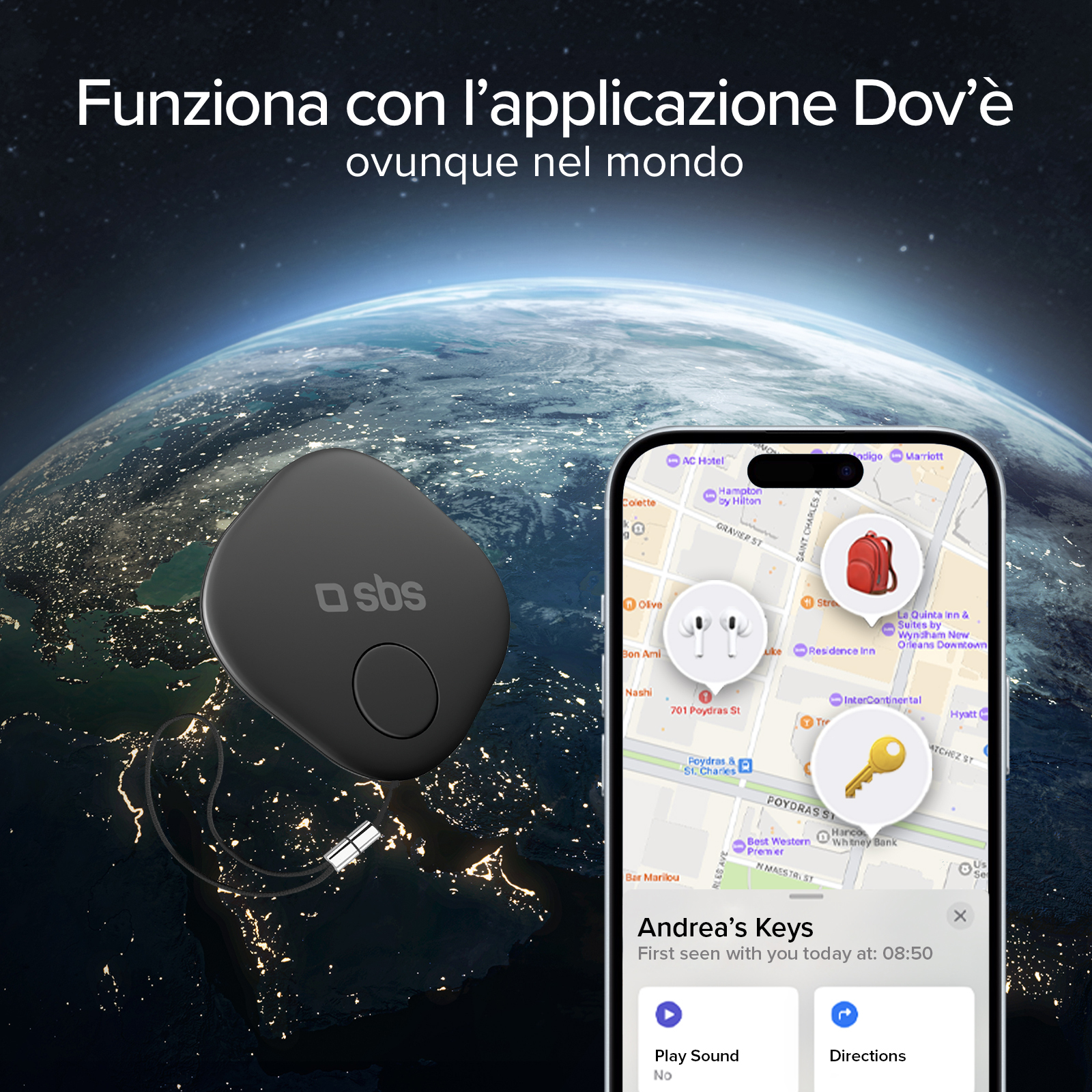 Un localizador negro frente a la Tierra. Una app muestra ubicaciones.