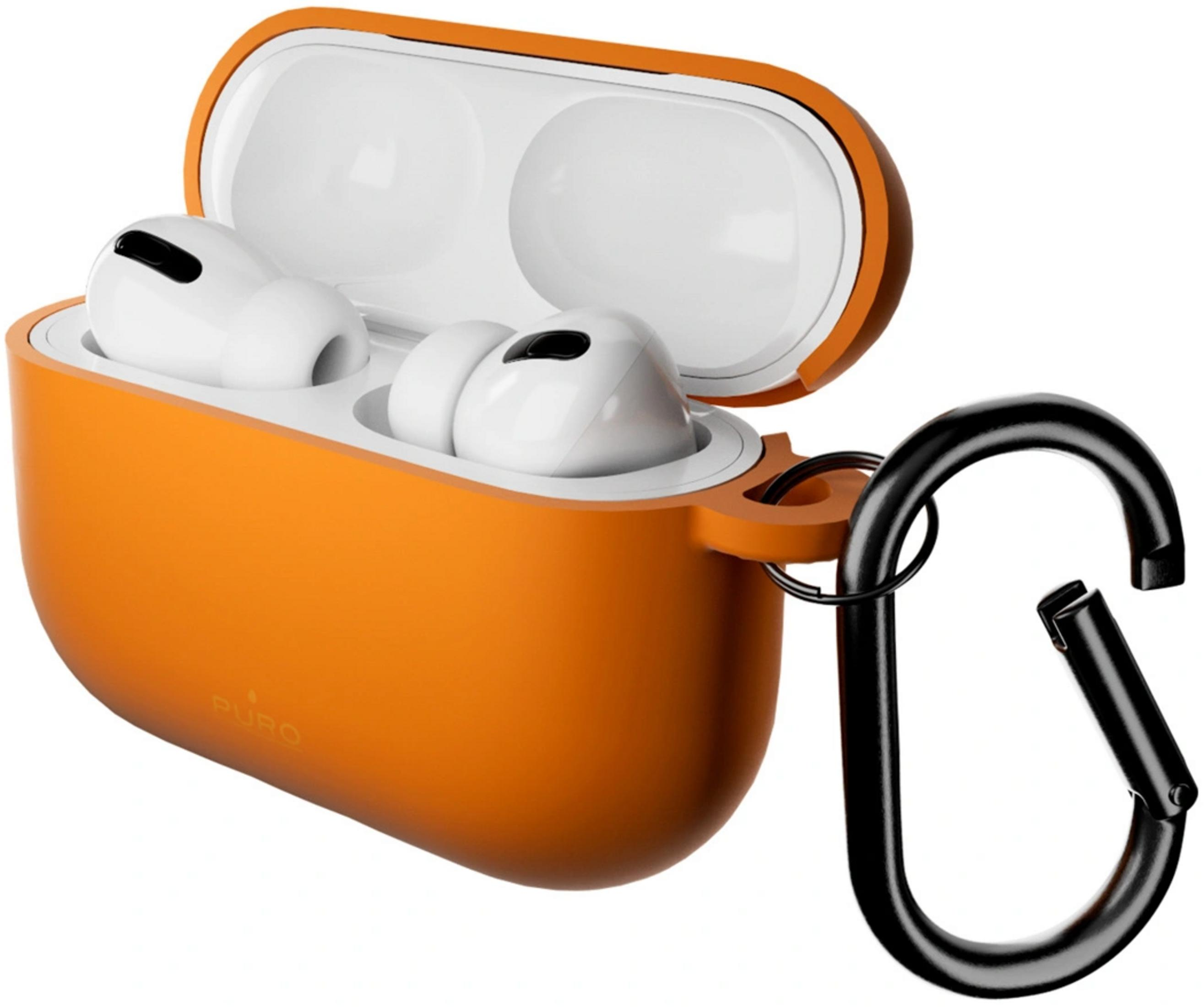 Orange Ladehülle für weiße Kopfhörer mit schwarzem Karabiner.