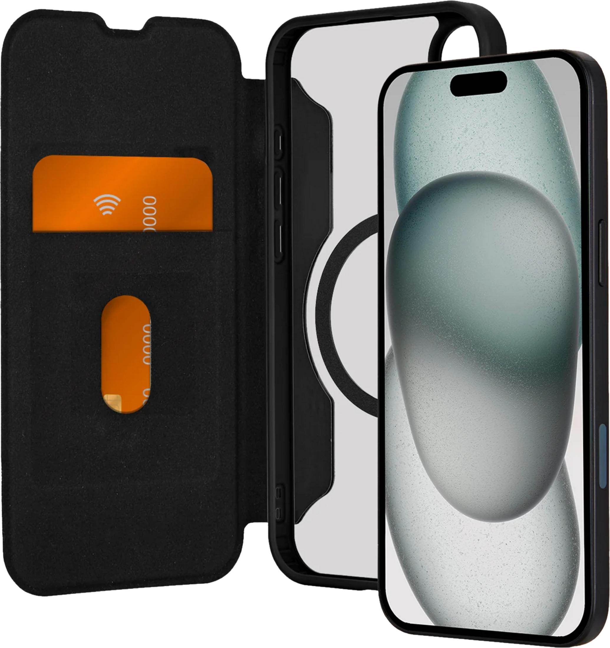 Una funda negra para teléfono con ranuras para tarjetas y un teléfono con fondo abstracto.