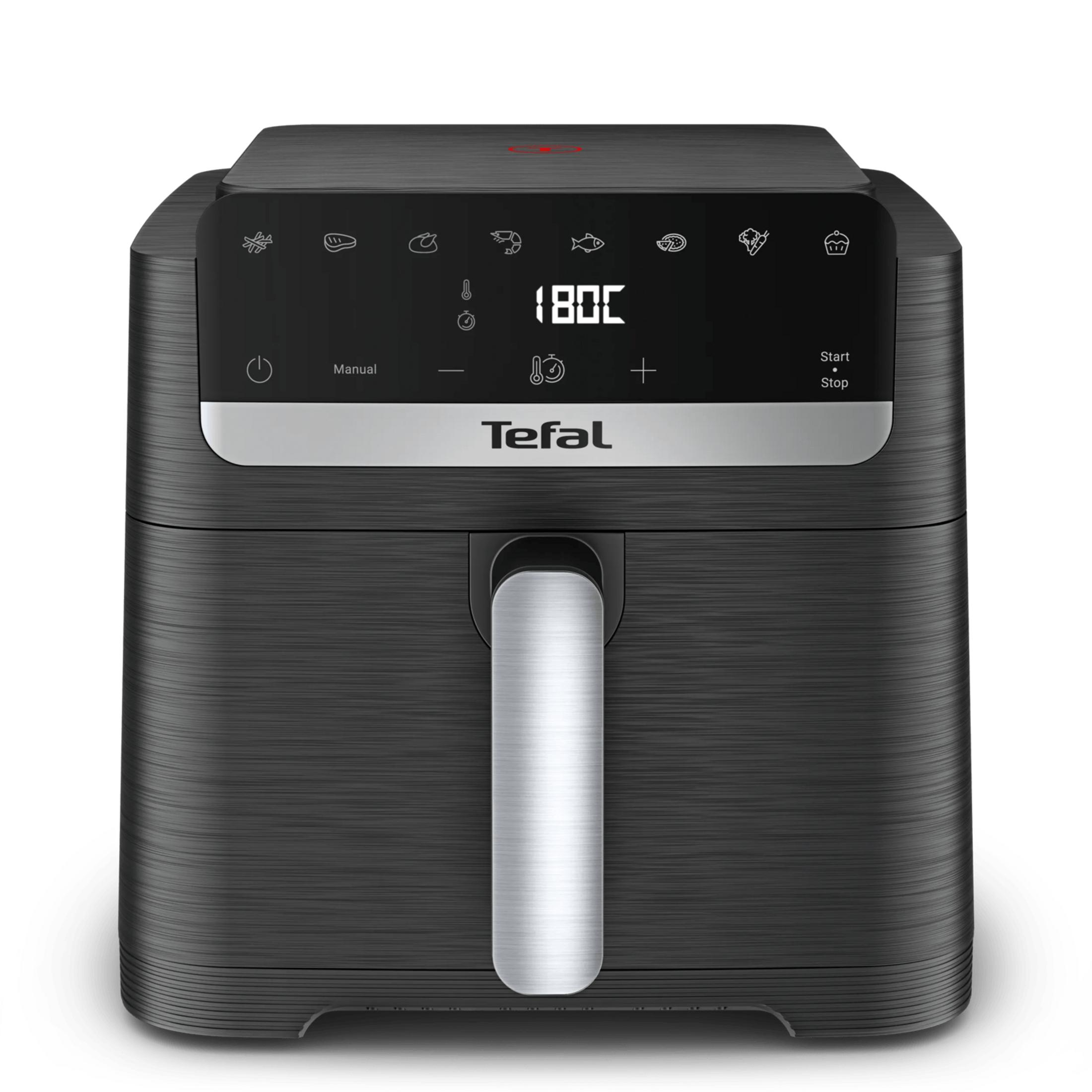 Friggitrice ad aria Tefal nera con display digitale e manico argentato.