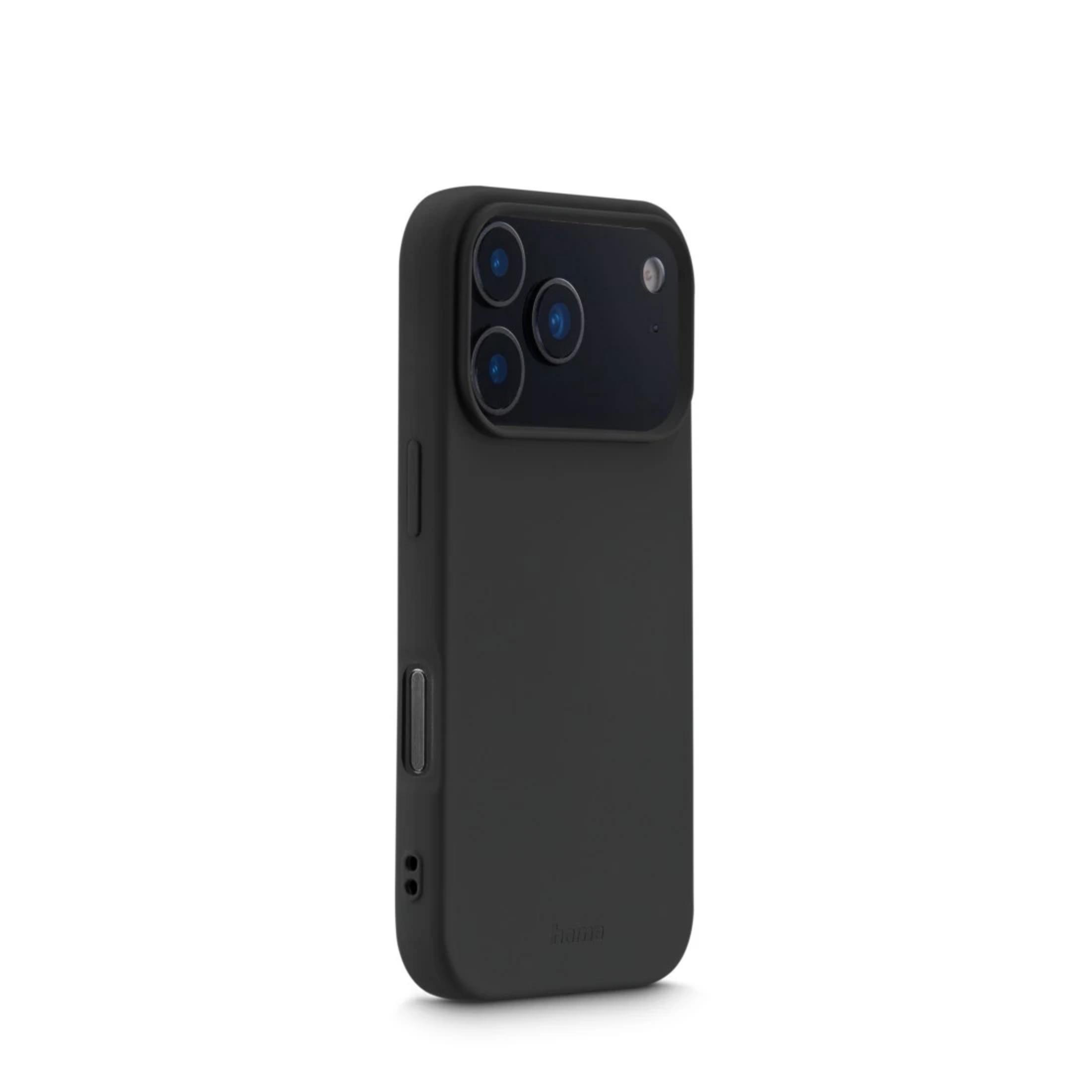 Schwarzes iPhone-Case mit drei Kameralinsen und Blitz auf der Rückseite.