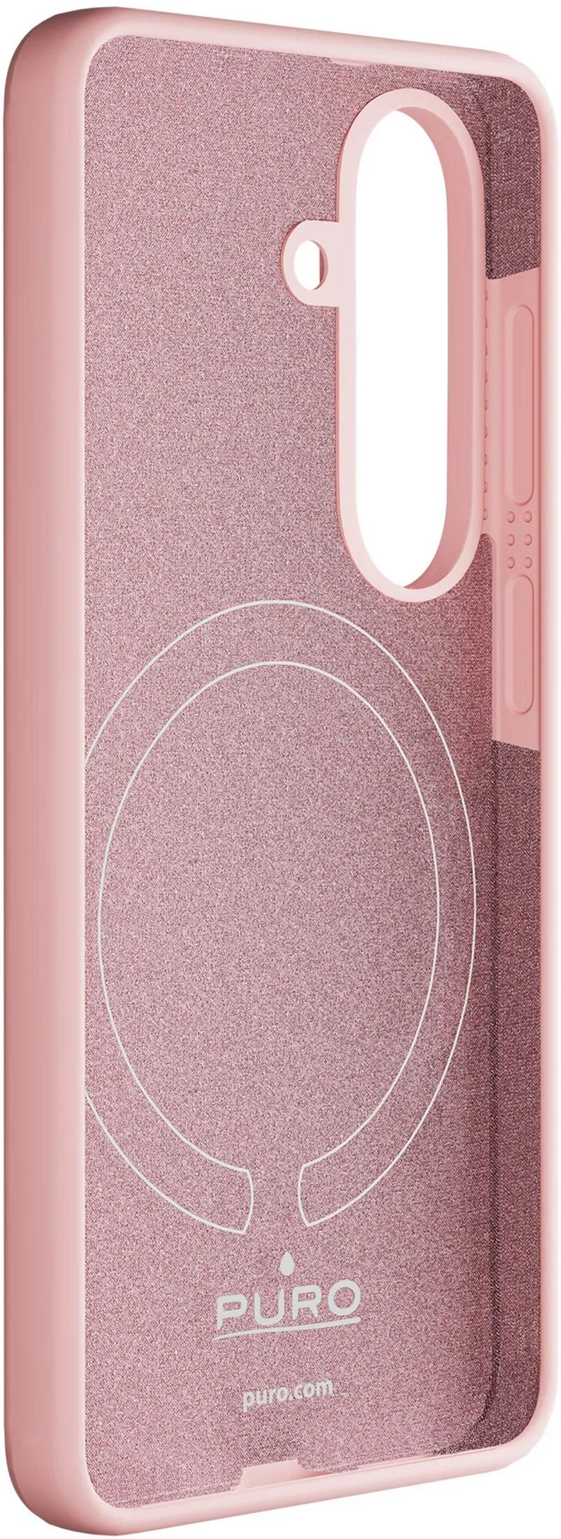 Una custodia rosa per telefono con texture glitterata e motivo circolare.