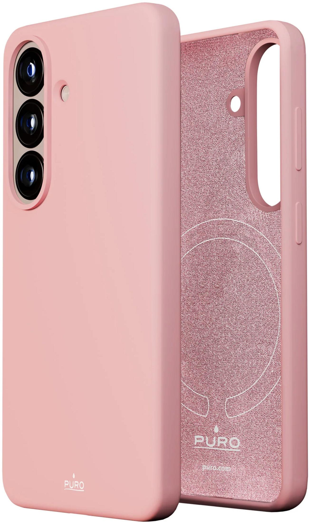 Una cover rosa per telefono con foro per fotocamera e interno spazzolato.