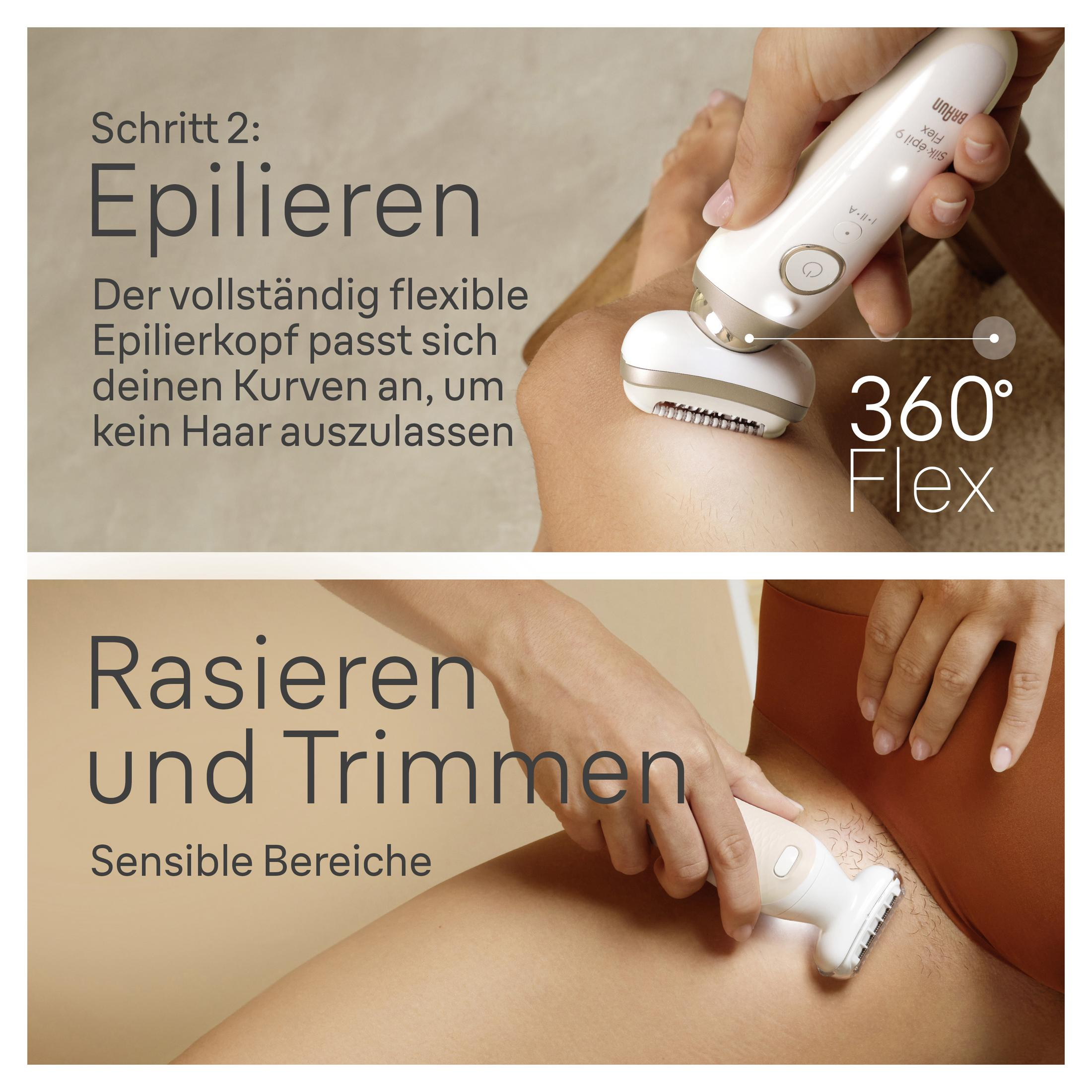 Eine Hand hält einen weißen Braun Epilierer am Bein. Unten: Ein Epilierer wird auf der Haut verwendet.