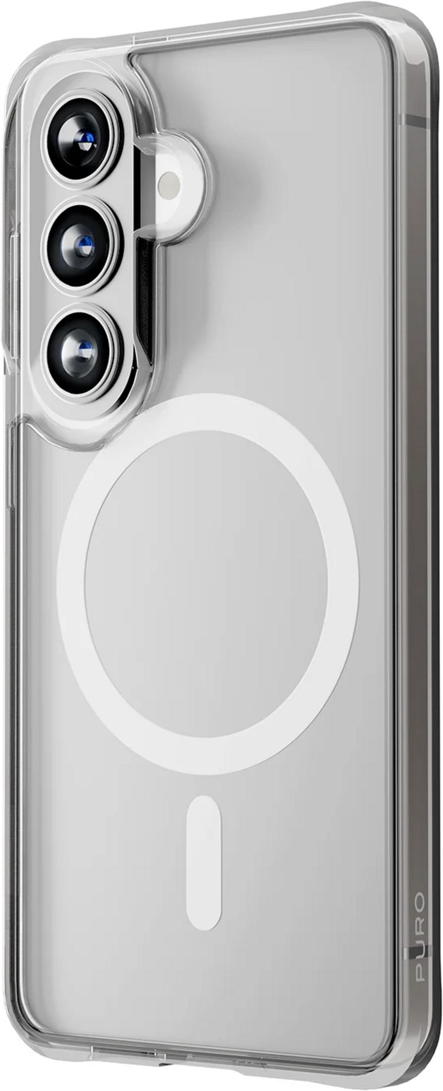 Custodia trasparente per telefono con tre obiettivi e anello magnetico bianco.