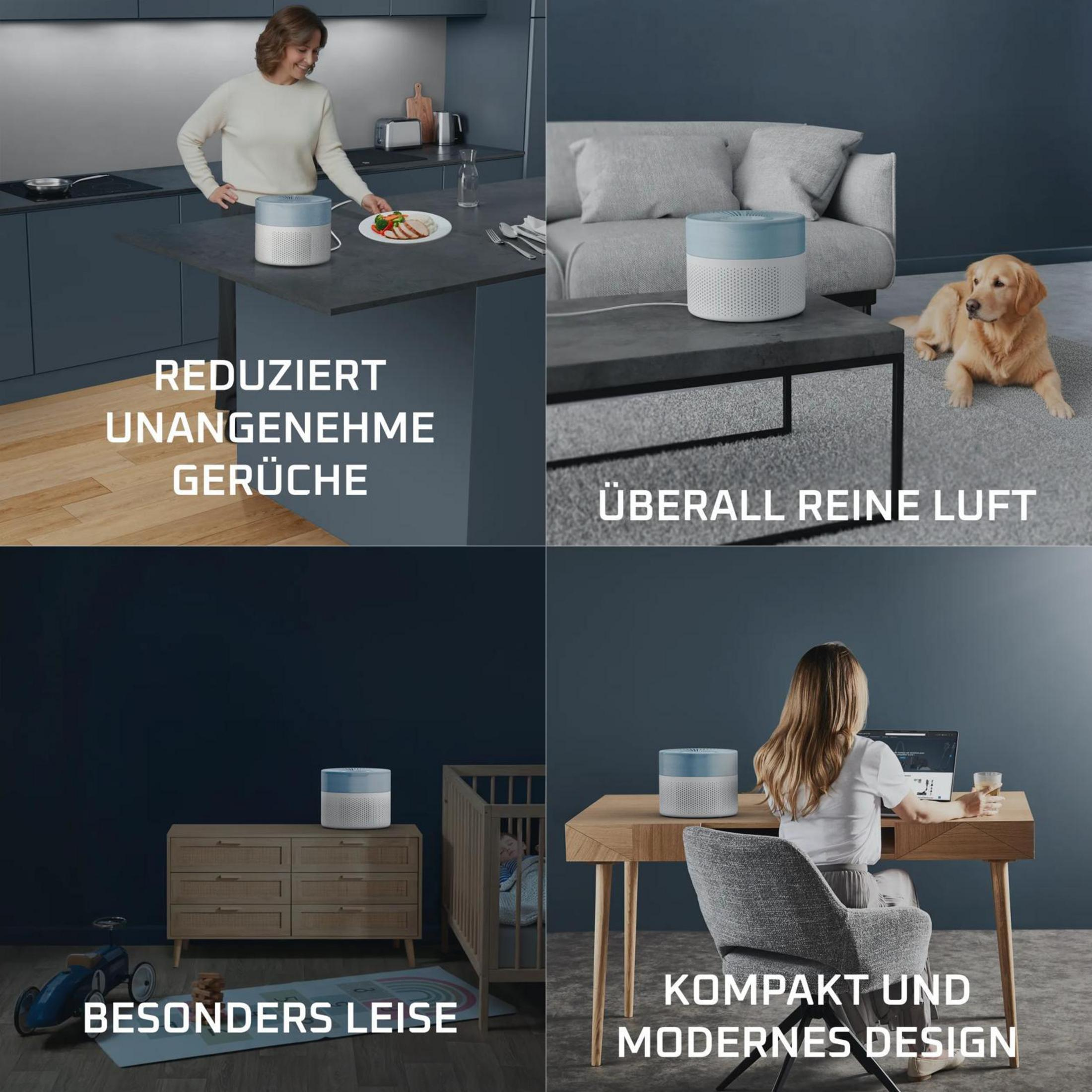 Vier Szenen zeigen einen Luftreiniger in verschiedenen Umgebungen, Küche, Wohnzimmer, Kinderzimmer, Büro.