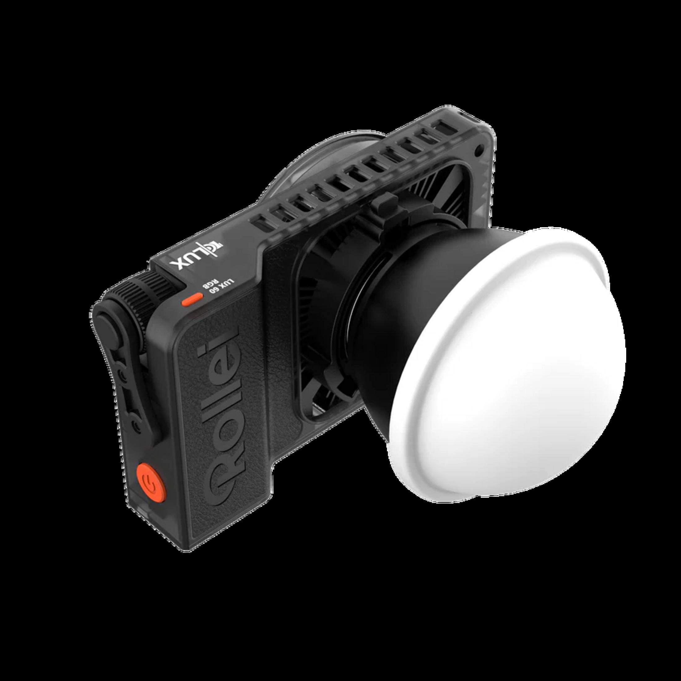 Kompakte schwarze Rollei LED-Leuchte mit weißem Diffusor-Aufsatz und rotem Power-Knopf.