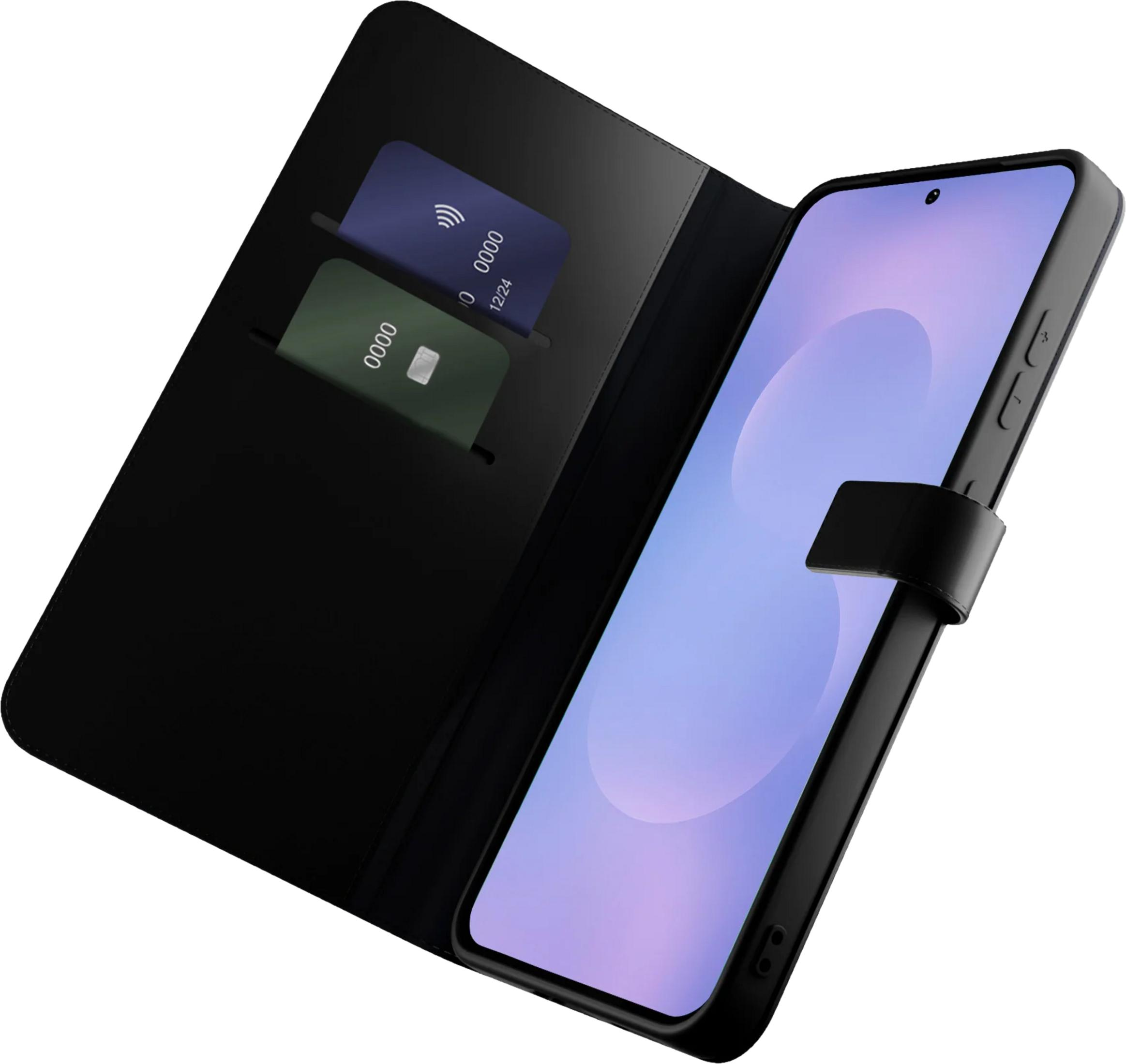 Una custodia nera aperta per telefono con due slot per carte e uno smartphone.