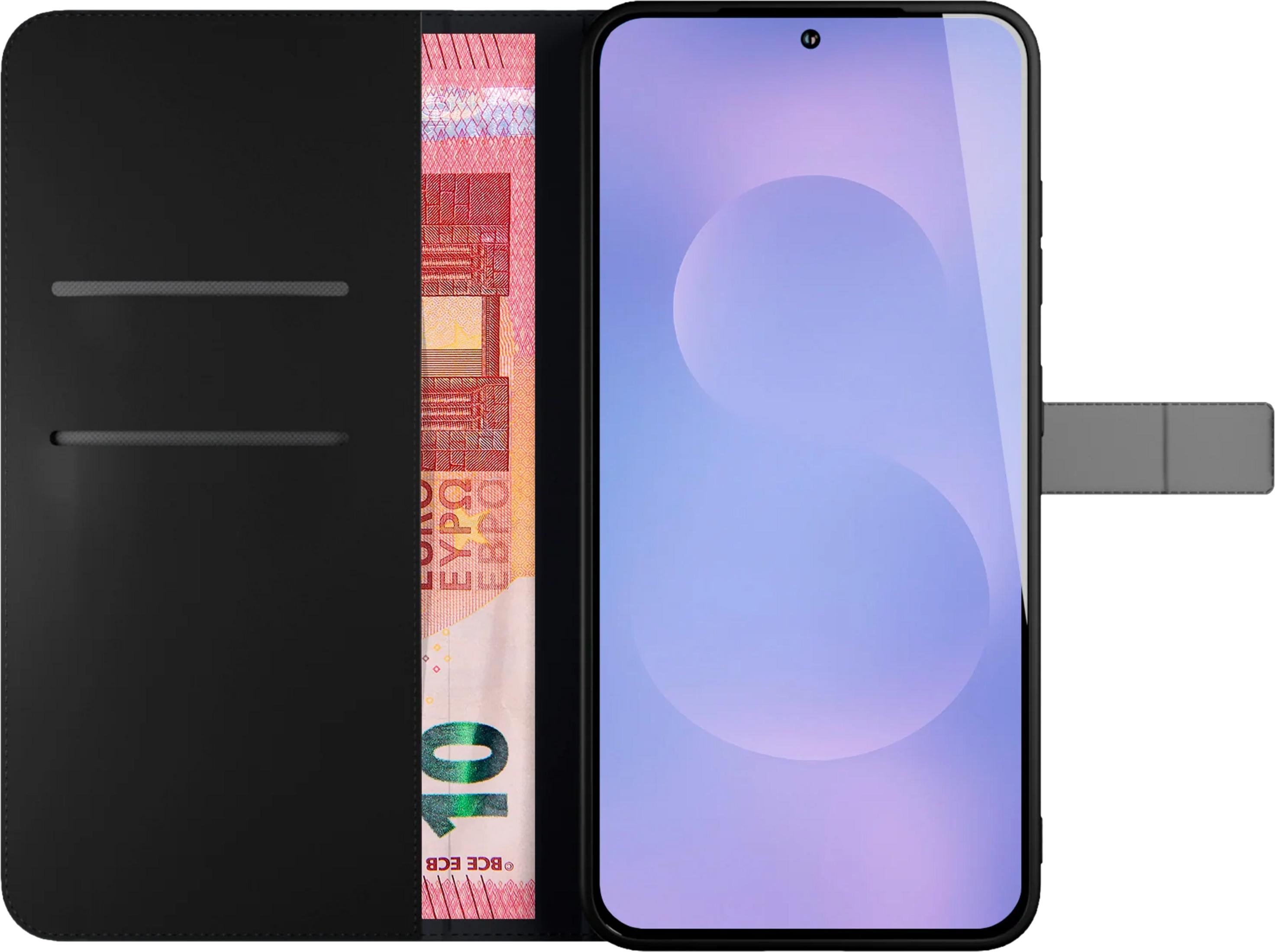 Custodia nera per telefono con banconota da 10 euro e schermo viola.