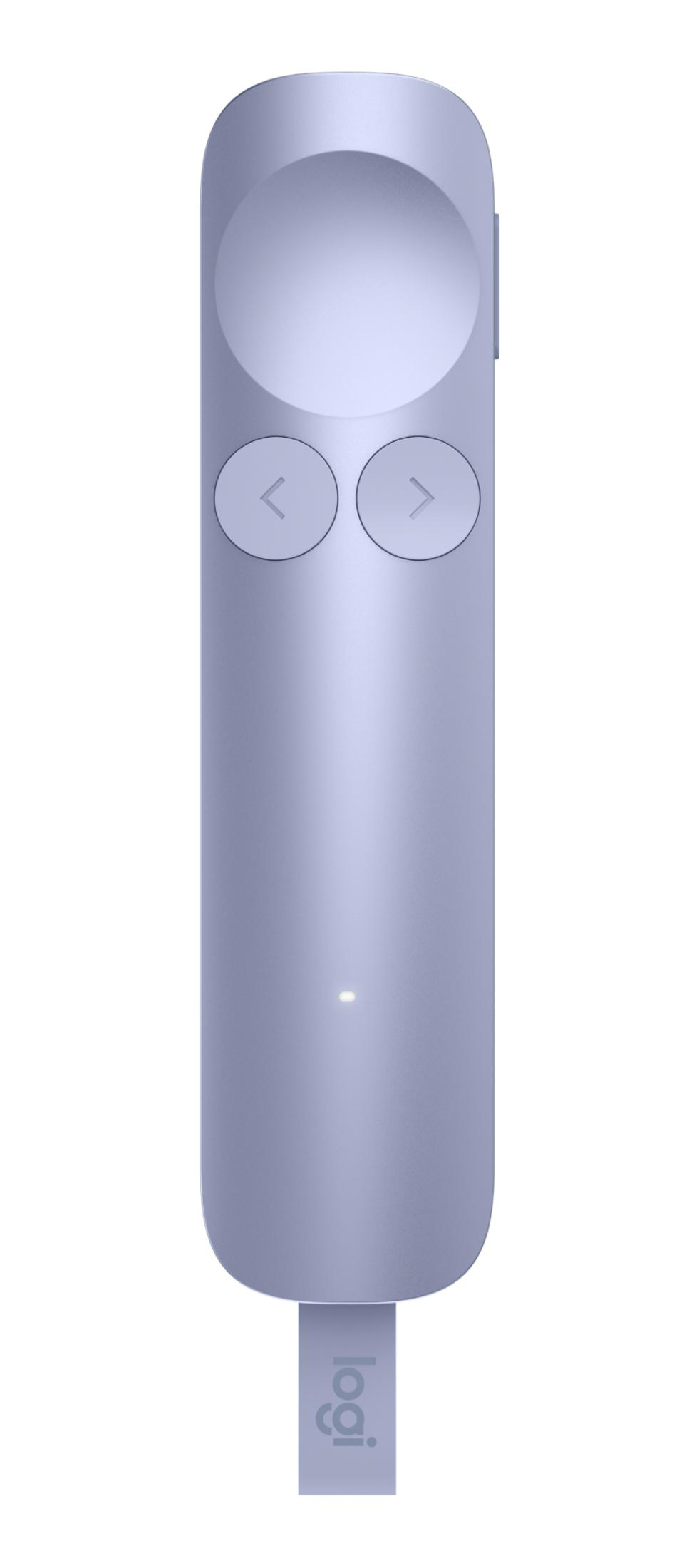 Ein lavendelfarbener Logitech-Presenter mit einem großen Kreis oben, zwei kleineren Kreisen mit Pfeilen und einem Lichtpunkt.