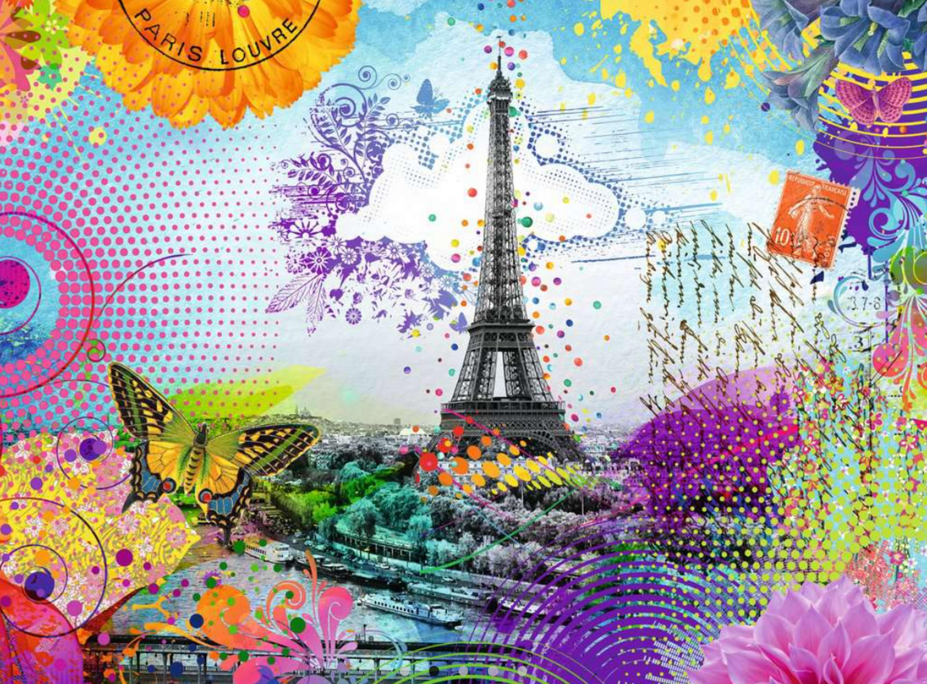 Eiffelturm-Collage mit Blumen, Schmetterlingen, Briefmarken, Flussbooten und abstrakten Mustern.