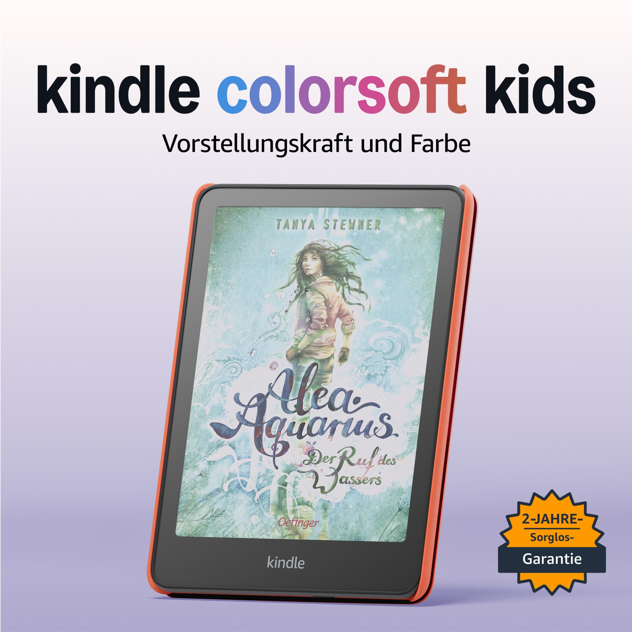 Ein orangefarbener Kindle mit dem Buchcover 'Alea Aquarius' und "2-Jahre-Sorglos-Garantie".