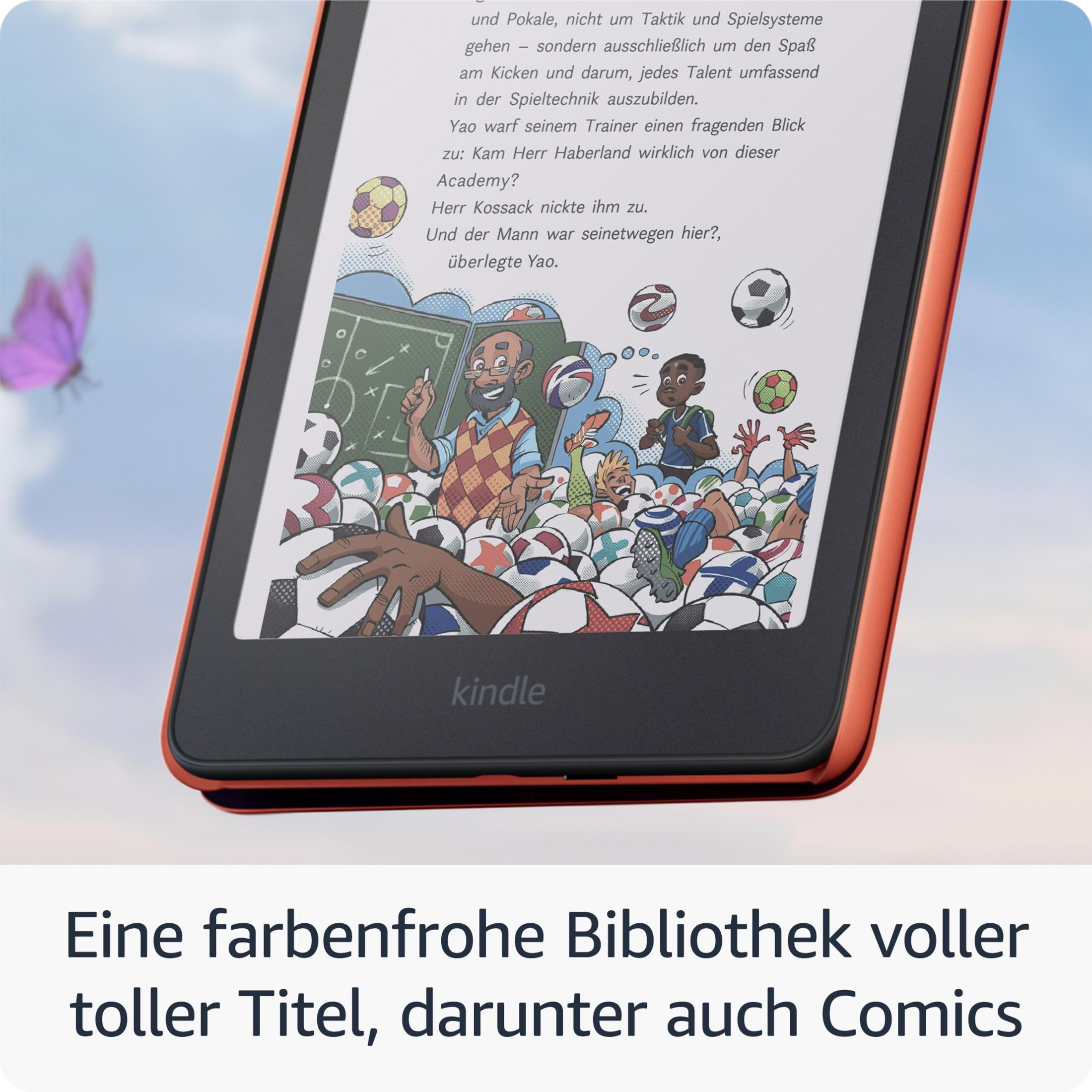 Ein E-Reader zeigt eine Illustration von Fußballspielern und Bällen mit Text.
