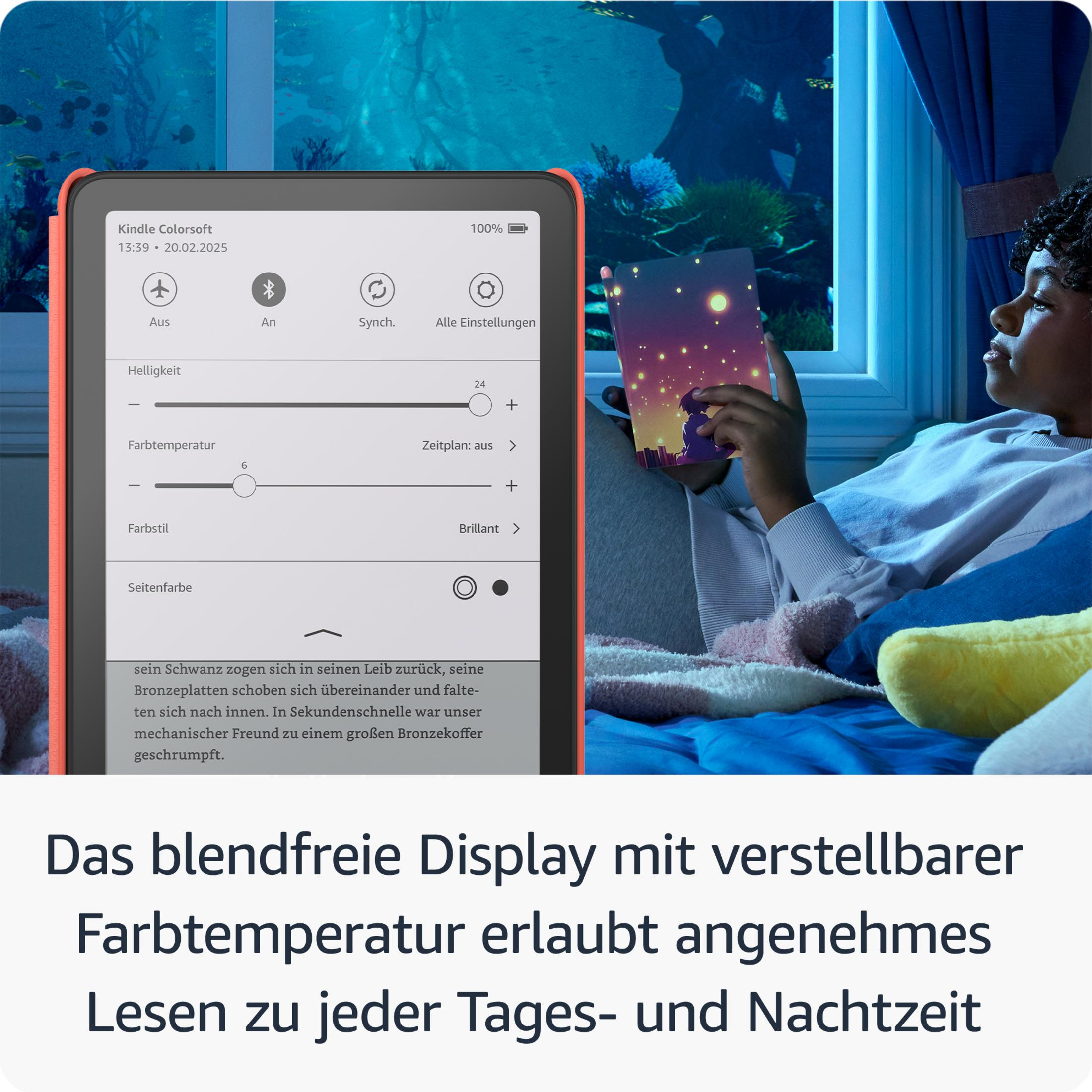 Ein Kind liest auf einem E-Reader mit Einstellungen und einem Unterwasserbild im Hintergrund.