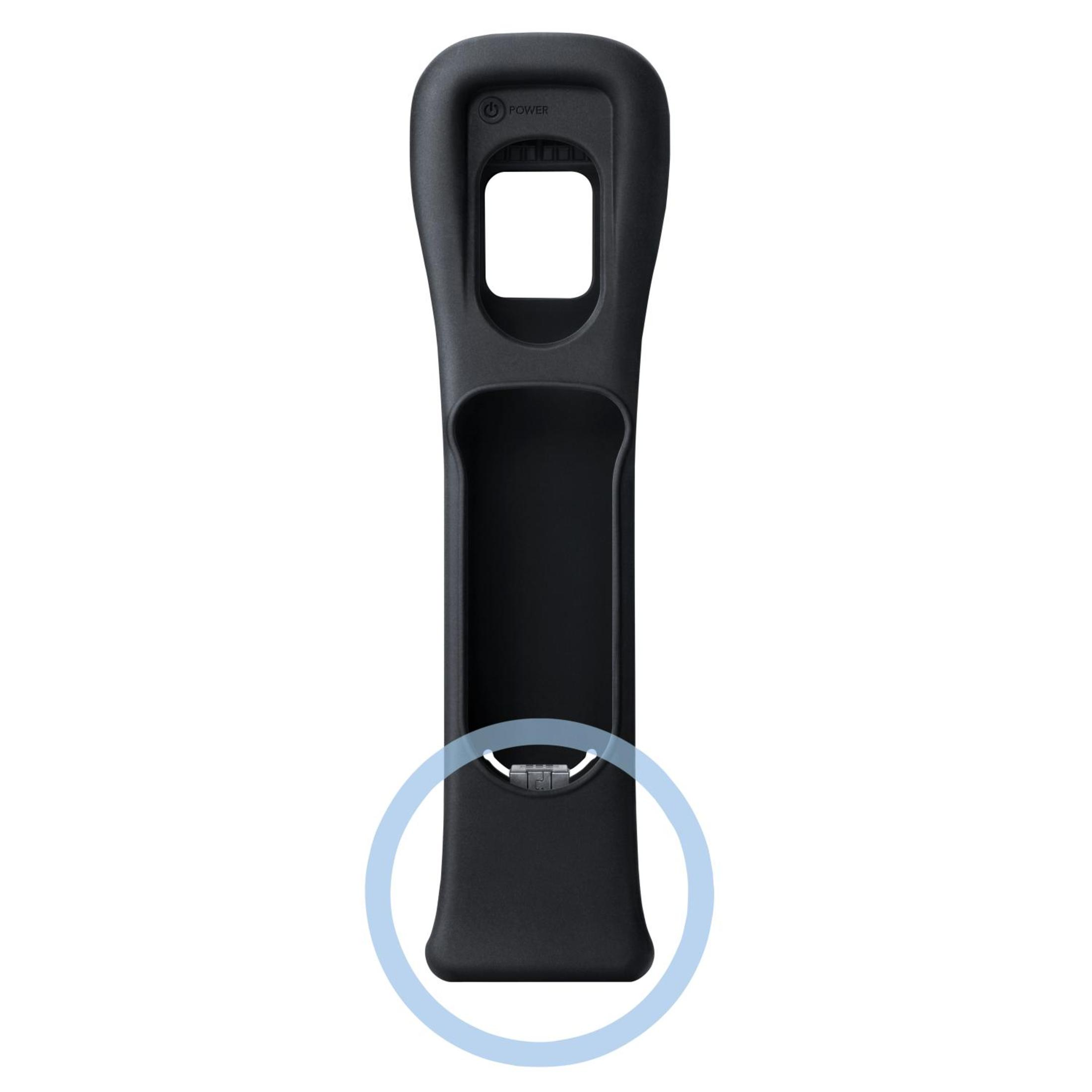 Schwarzer Controller-Griff mit Power-Symbol und quadratischem Ausschnitt.