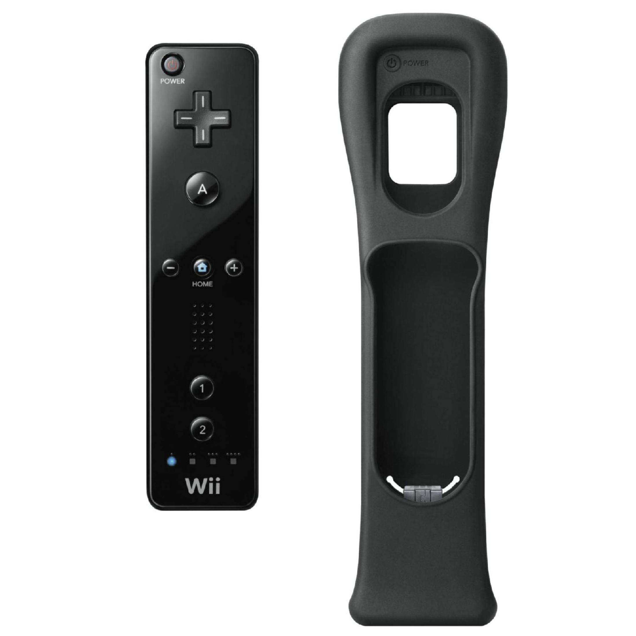 Ein schwarzer Wii-Controller und eine schwarze Hülle auf weißem Hintergrund.