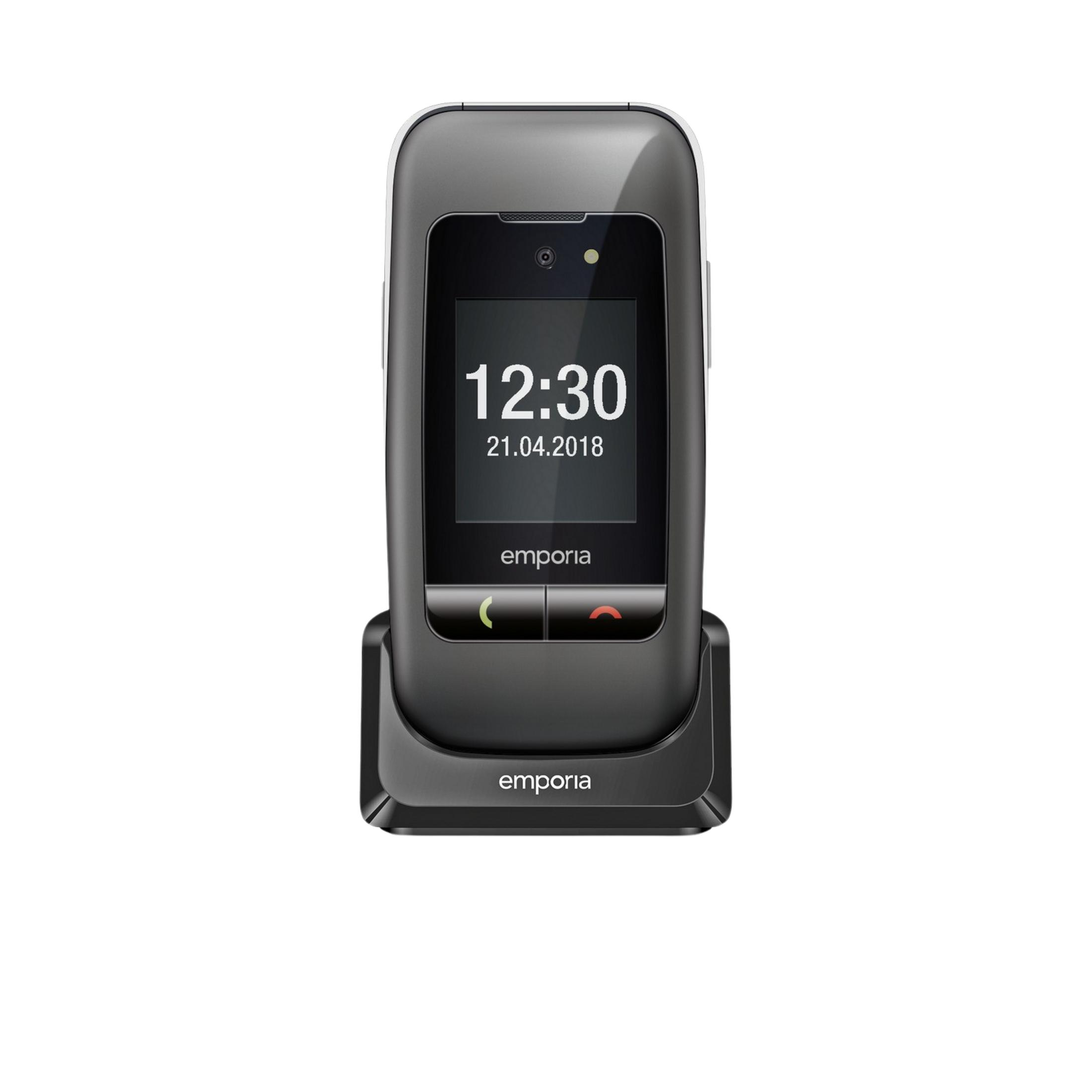 Ein schwarzes Emporia-Telefon mit Ladebasis, das 12:30 und das Datum anzeigt.