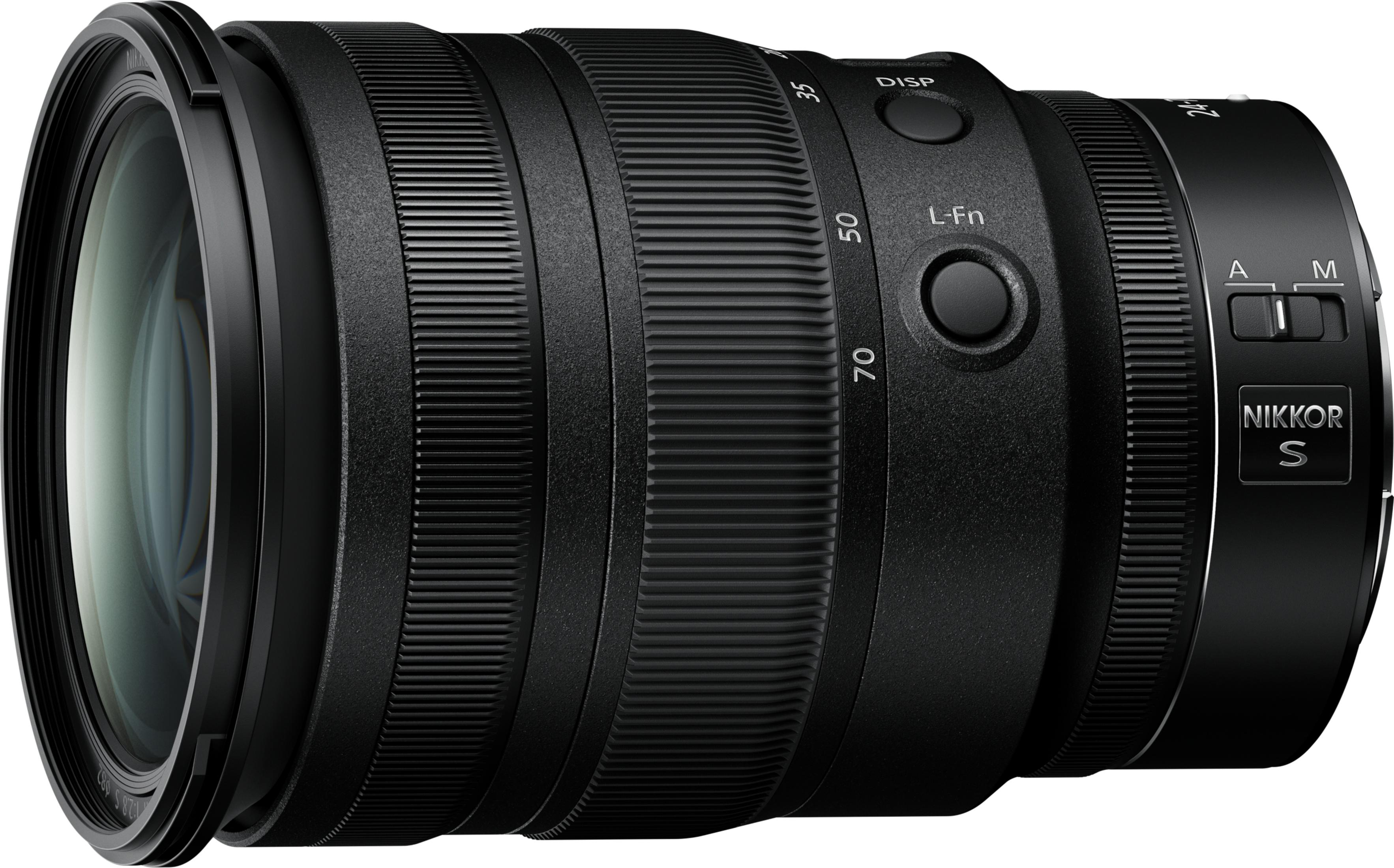 Obiettivo NIKKOR S nero con ghiera zoom, ghiera messa a fuoco ed etichette.