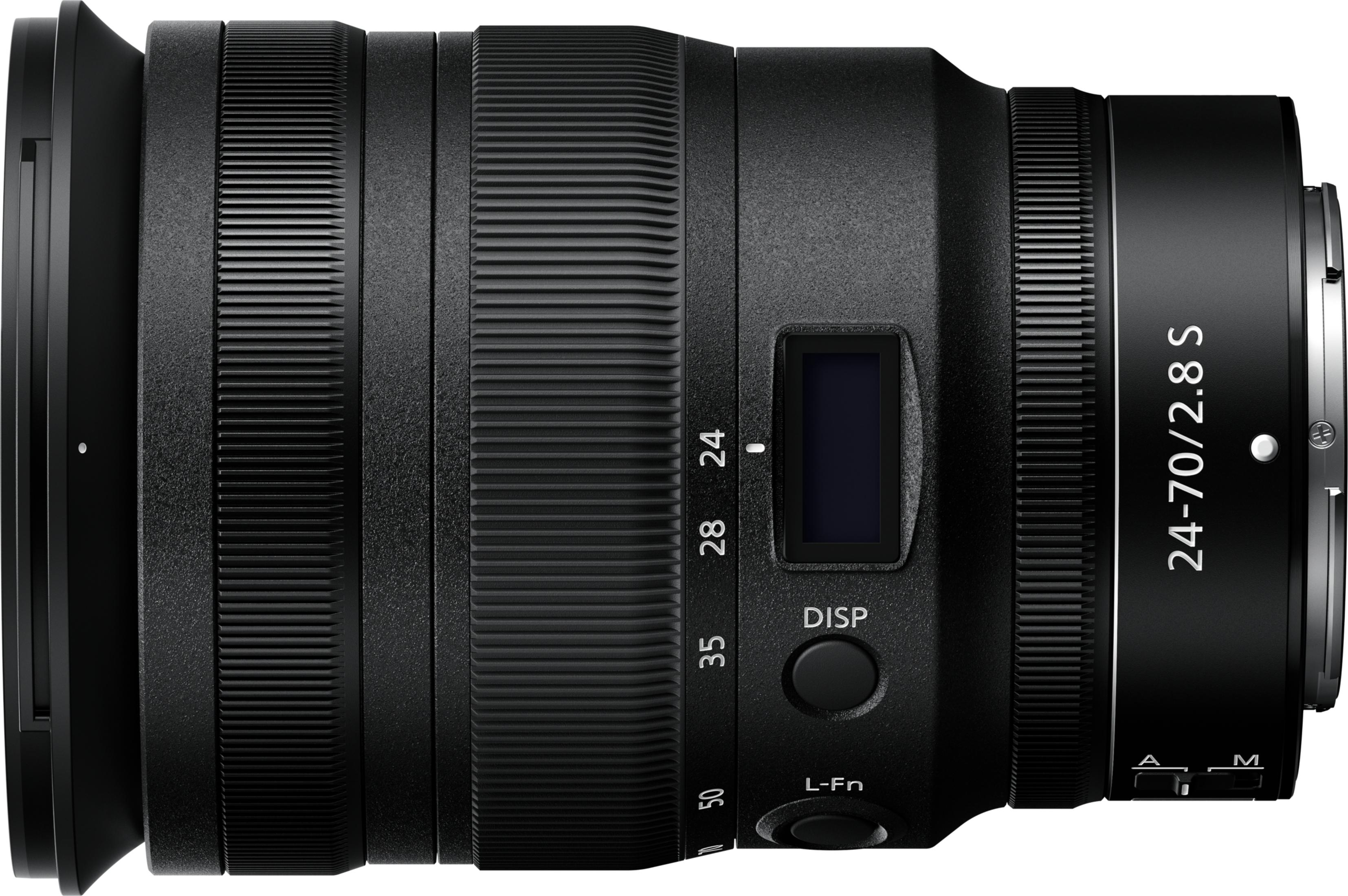 Un obiettivo per fotocamera nero con ghiera zoom, ghiera messa a fuoco e display.