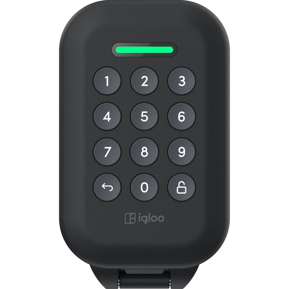 Cerradura de teclado digital negra con luz indicadora LED verde.