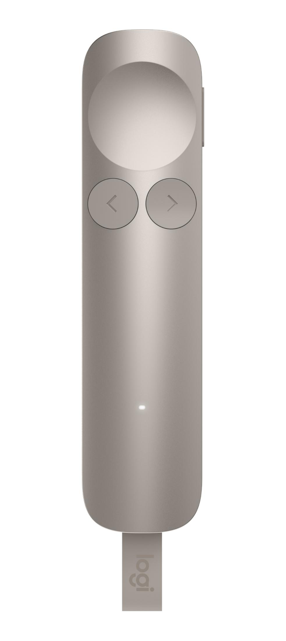 Silberner Presenter mit Touchpad, zwei Tasten und Ladeanschluss.