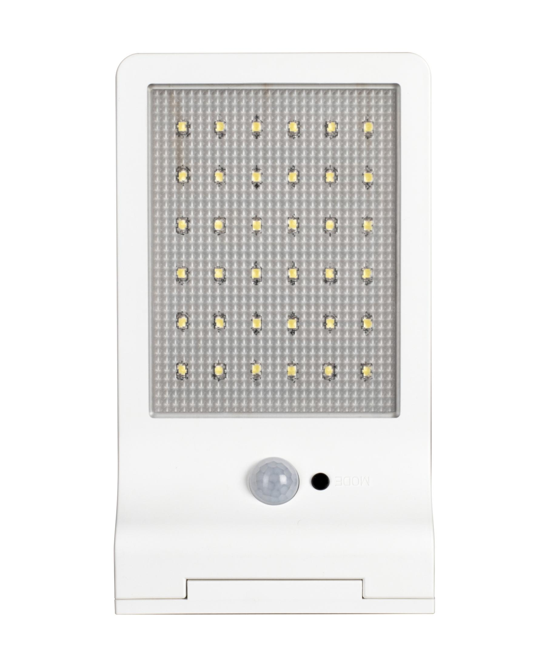 Weiße LED-Leuchte mit Bewegungsmelder und einer Reihe von LEDs.