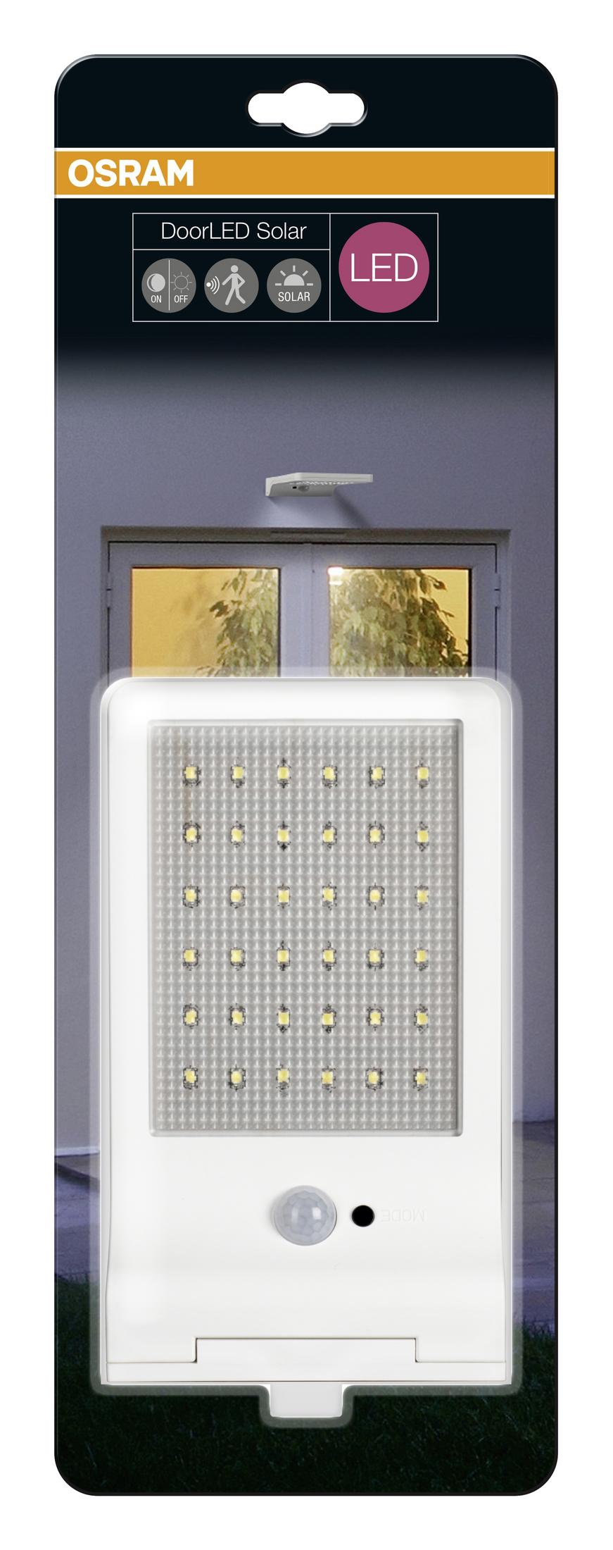 Osram Türlicht Solar: Weißes Gehäuse mit LEDs, Sensor und "Solar"-Symbol.