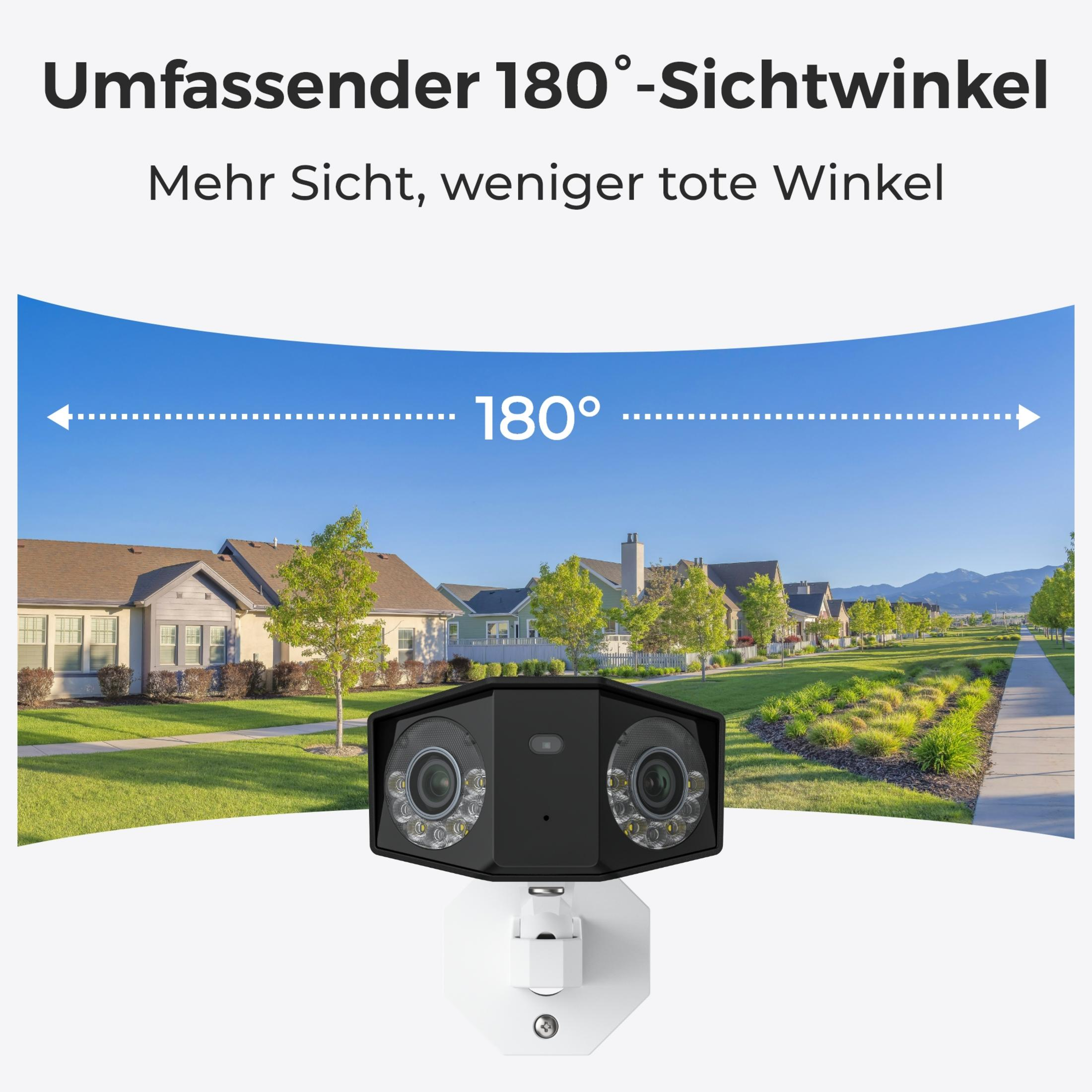 Eine Überwachungskamera mit zwei Linsen blickt auf eine ruhige Vorstadtsiedlung.