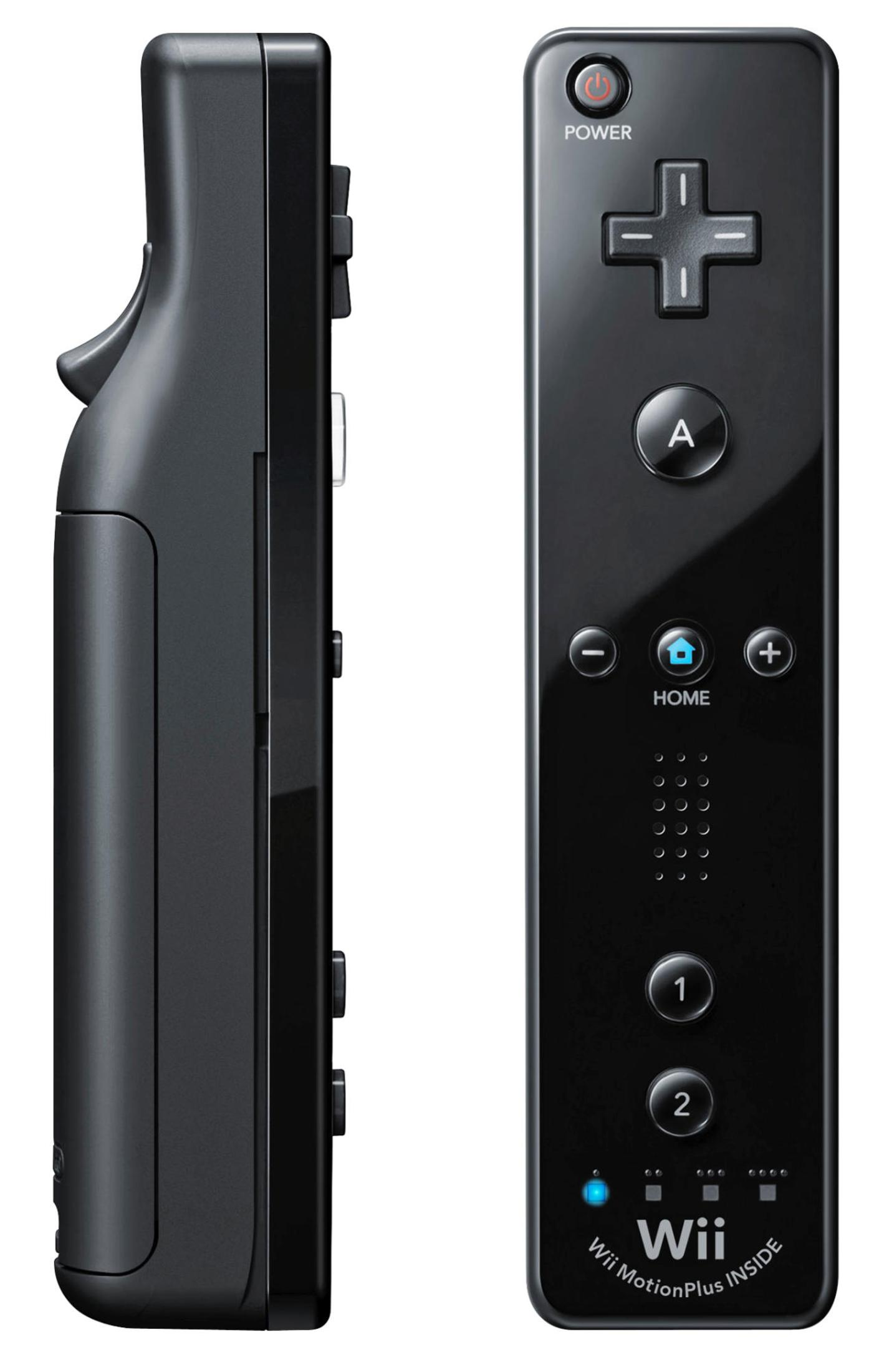 Schwarzer Wii-Controller mit Power-Taste, Steuerkreuz, A-Taste und "Wii MotionPlus INSIDE".