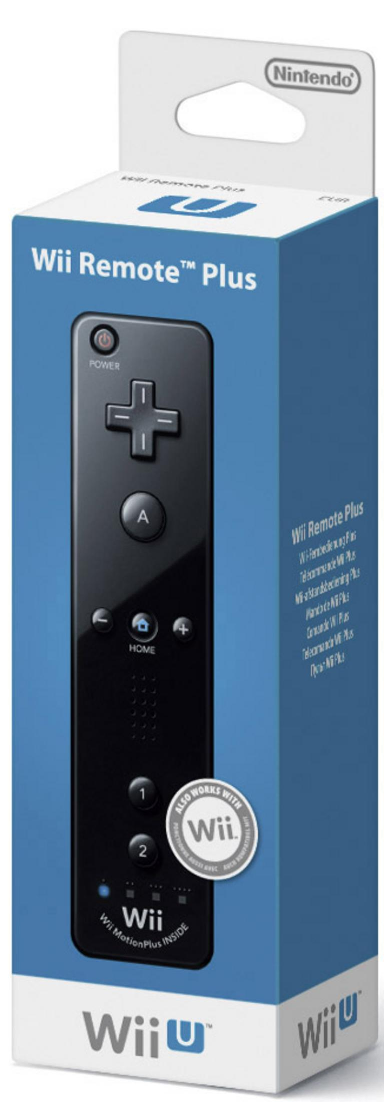 Verpackung für eine schwarze Wii Remote Plus mit Nintendo-Logo und Wii U-Schriftzug.