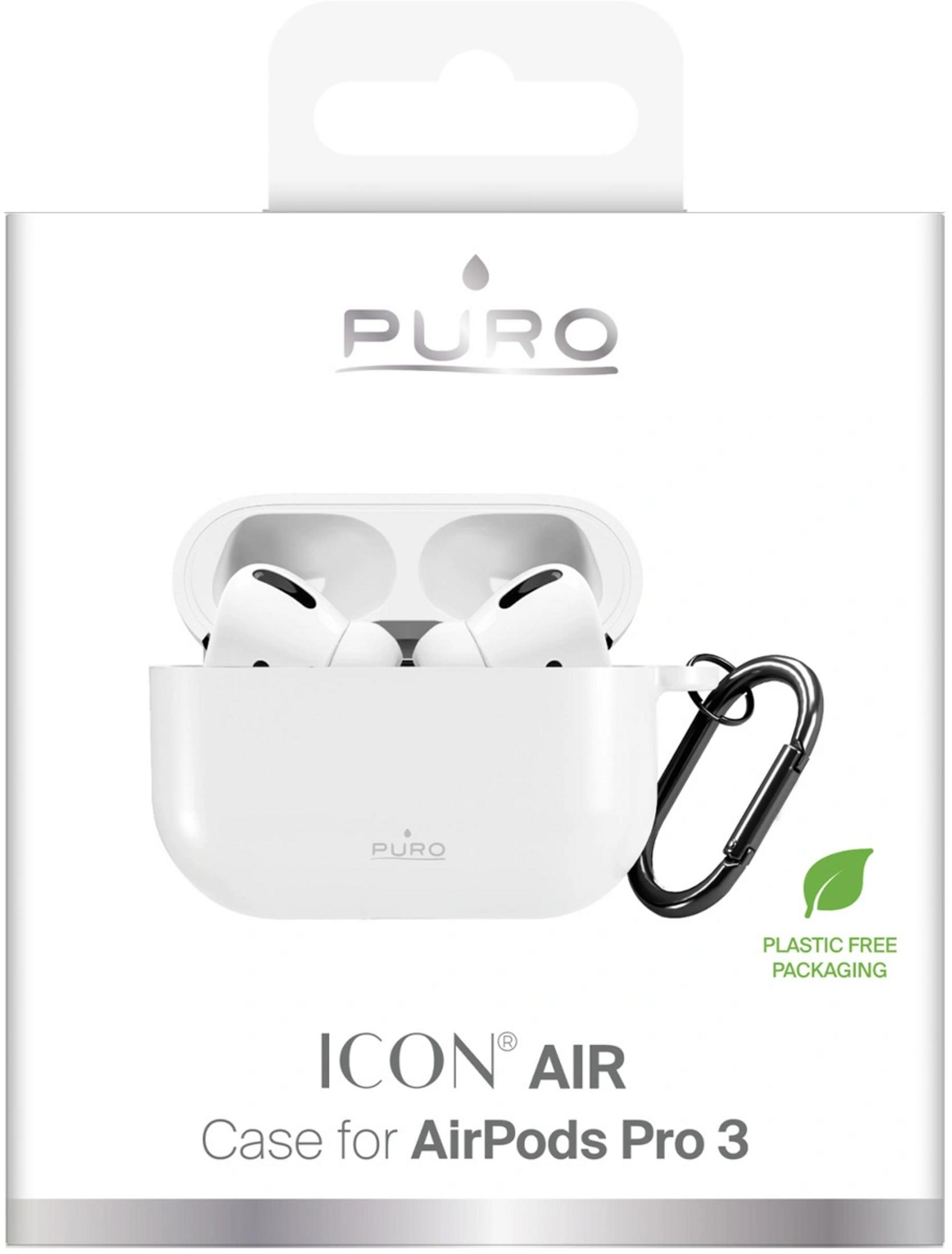 Funda blanca Puro para AirPods Pro 3 con auriculares y clip.