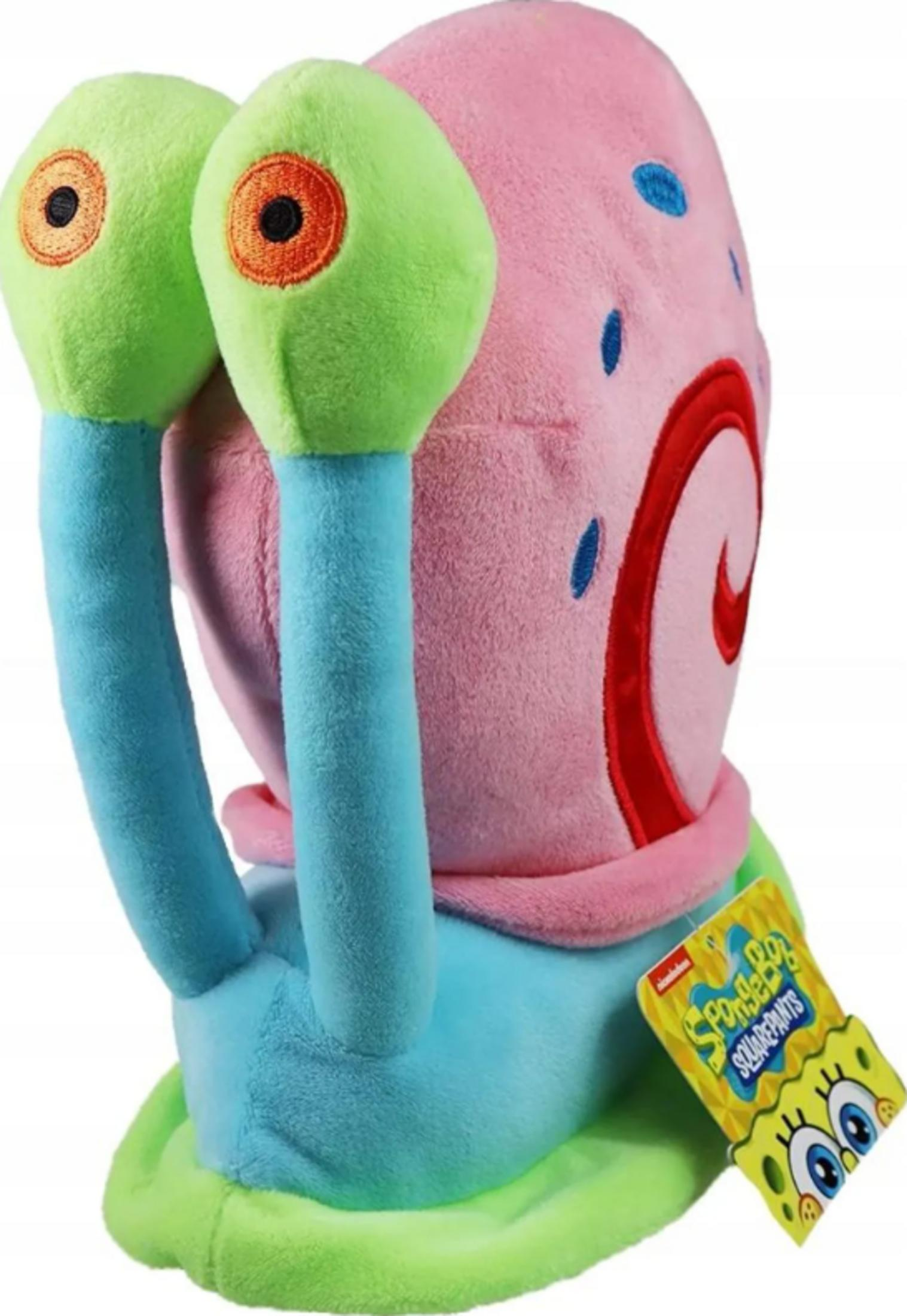 Ein Gary die Schnecke Plüschtier von Spongebob Schwammkopf, mit rosa Muschel & blauen Tentakeln.