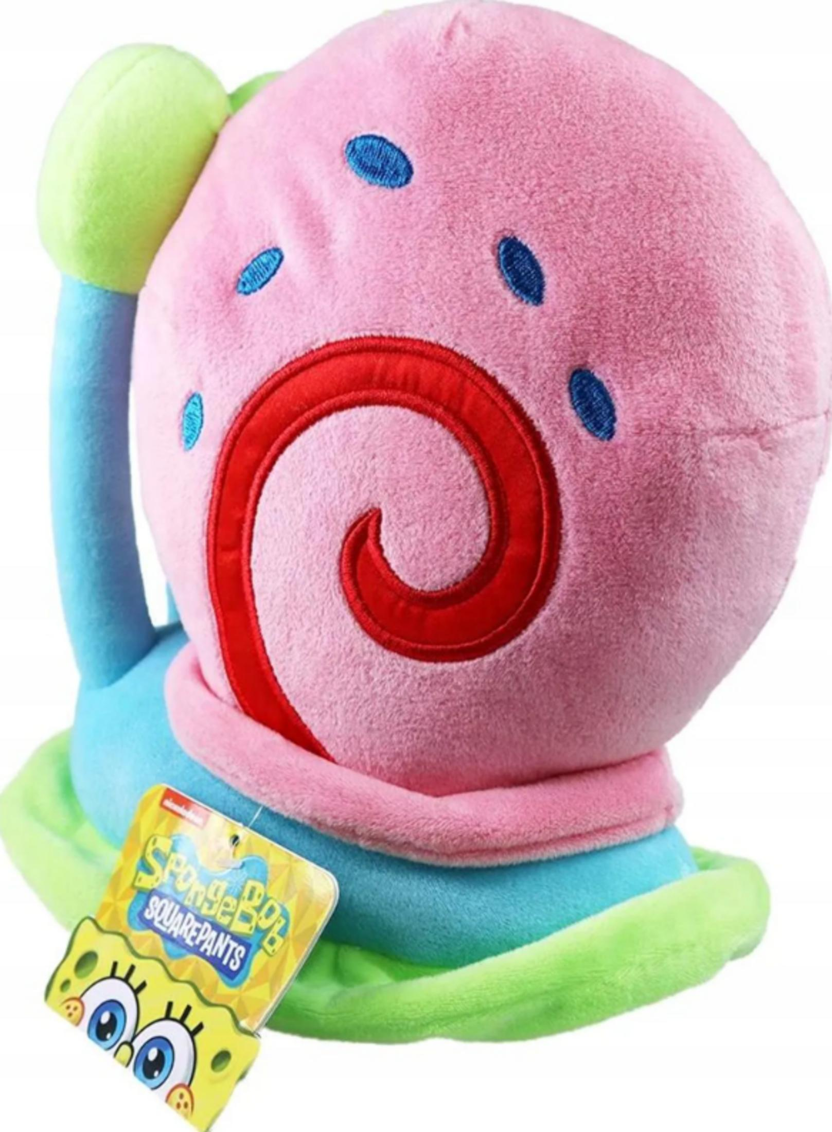 Plüschfigur von Gary, der Schnecke aus SpongeBob Schwammkopf, mit rosa Haus, blauen Punkten und roter Spirale.