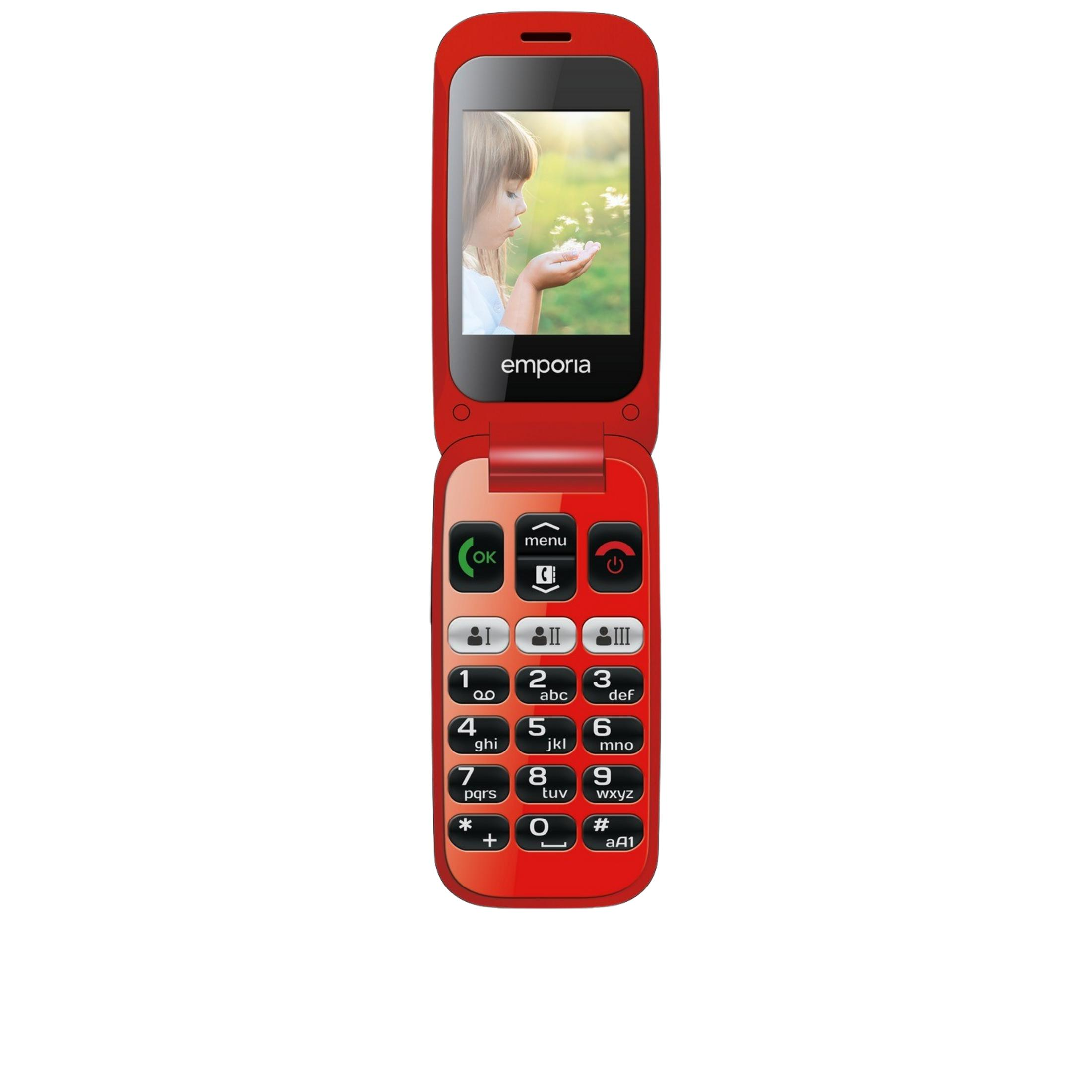 Ein rotes Klapphandy mit einem Bild eines Kindes auf dem Bildschirm.