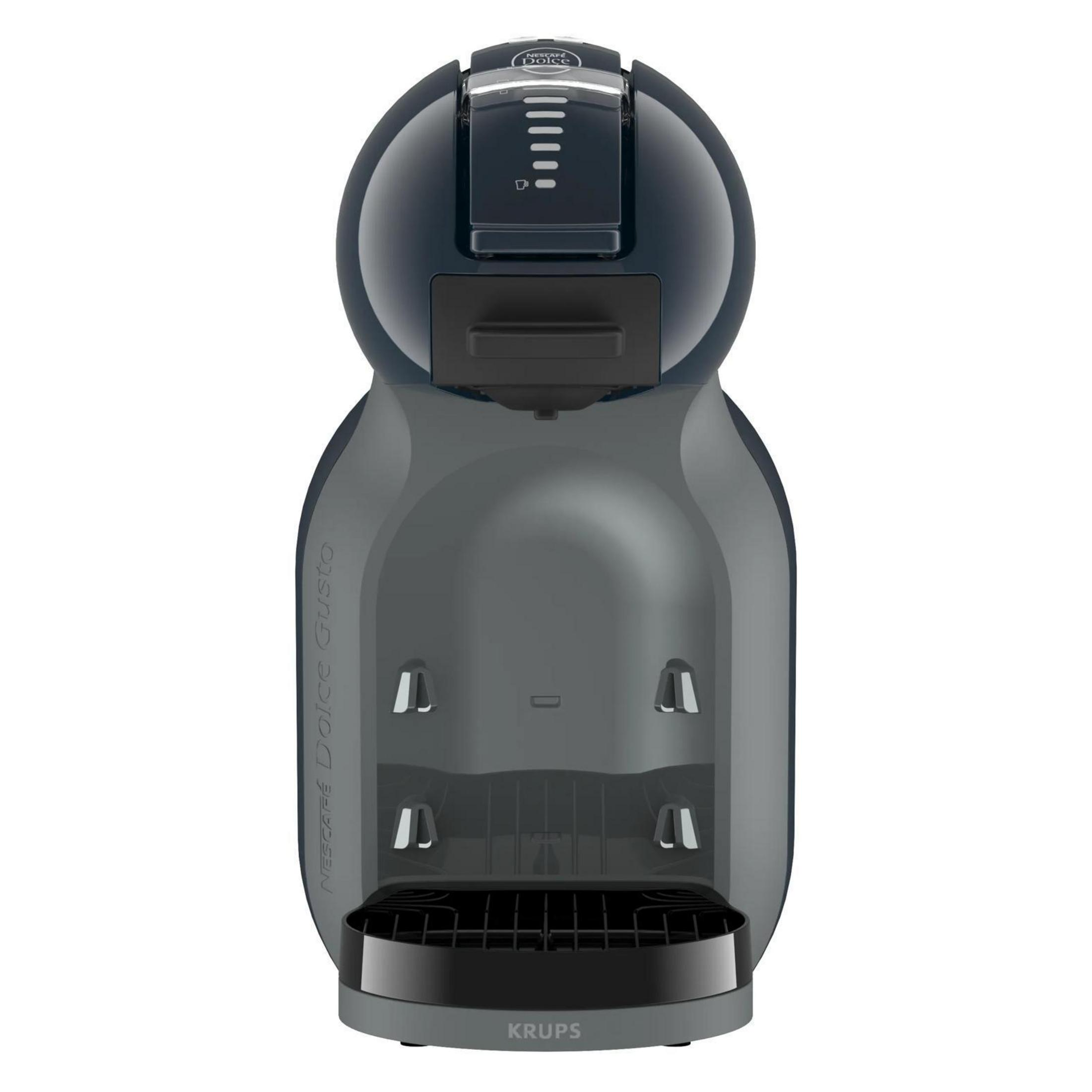 Dunkelgraue Kaffeemaschine mit Nescafé Dolce Gusto Logo und Abtropfschale.