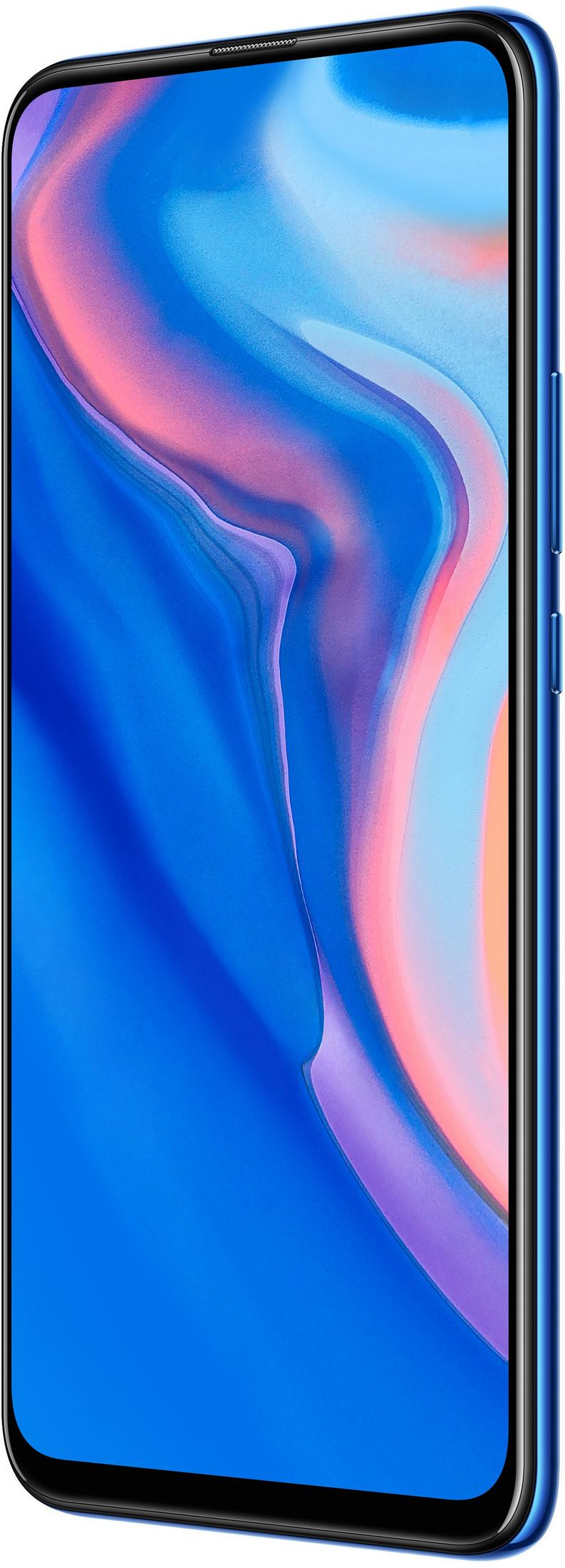 Ein blaues Smartphone mit einem abstrakten, bunten Hintergrund auf dem Bildschirm.