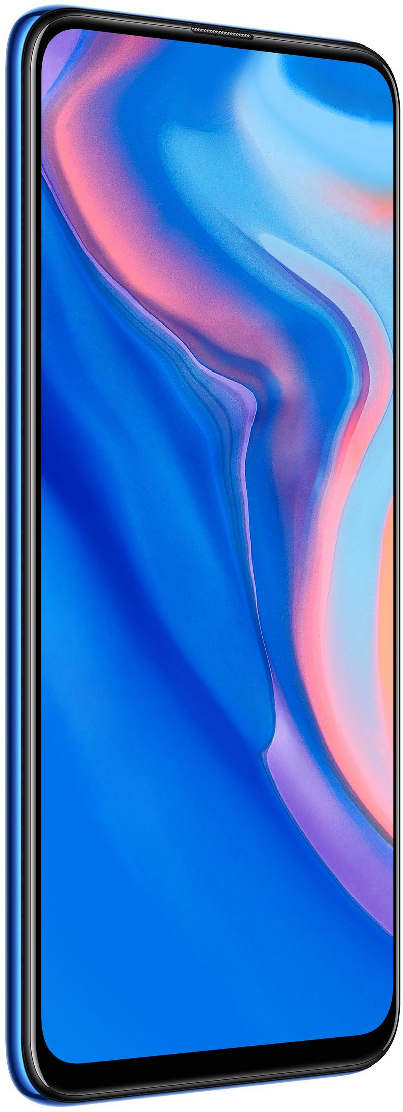 Ein blaues Smartphone mit einem fließenden, bunten Hintergrundbild. Links ist der blaue Rand.
