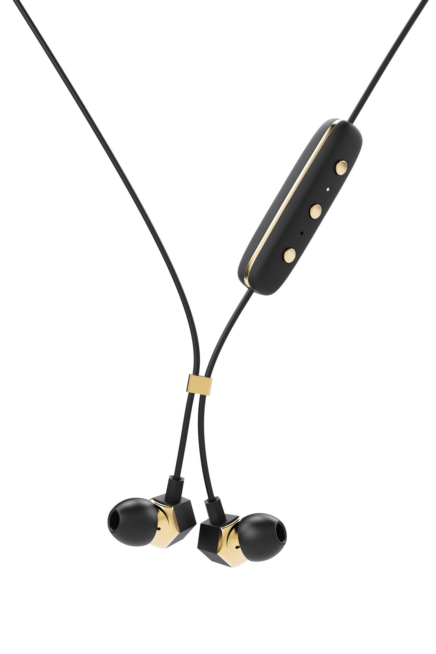 Auricolari neri con accenti dorati e pulsanti di controllo.