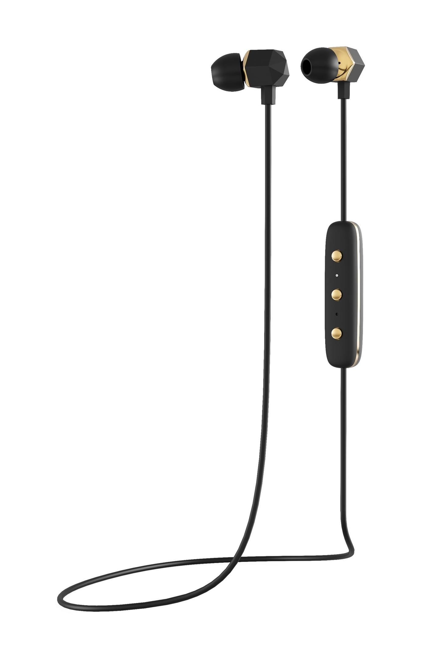 Auricolari neri con accenti dorati e controlli in linea.