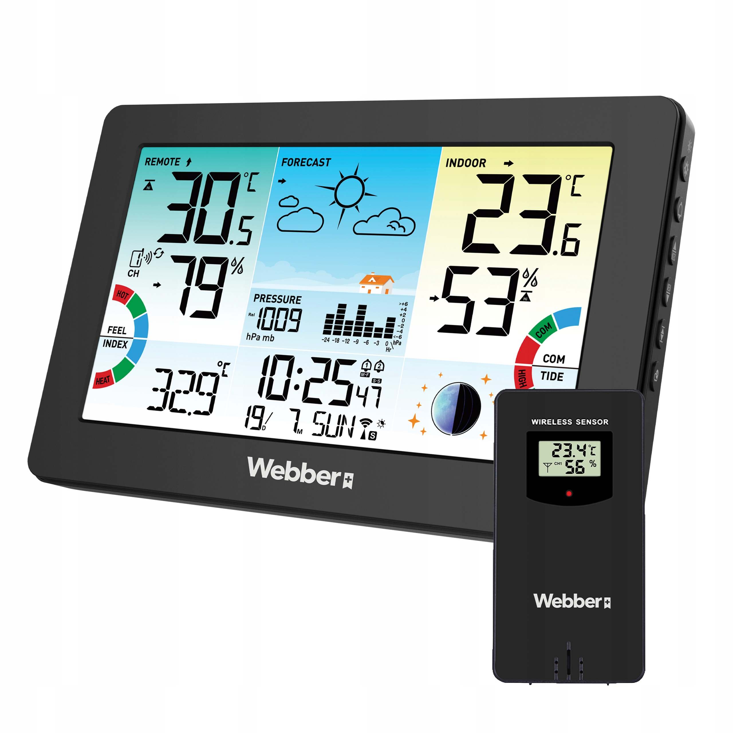 Ein schwarzes digitales Wetterstation-Display mit einem separaten drahtlosen Sensor.
