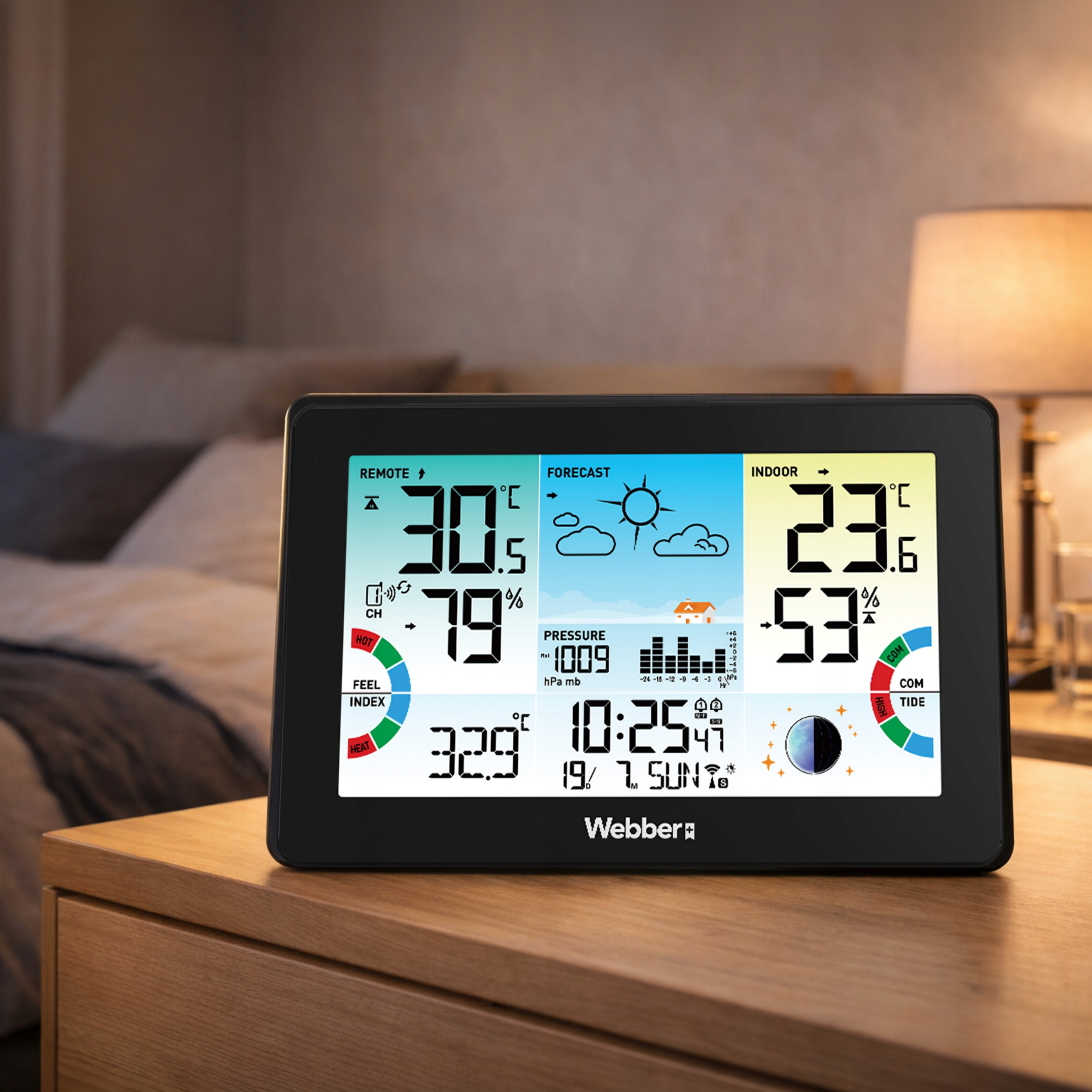 Digitale Wetterstation zeigt Innen-/Außentemperatur, Luftfeuchtigkeit, Vorhersage, Druck, Zeit, Datum, Gezeit.
