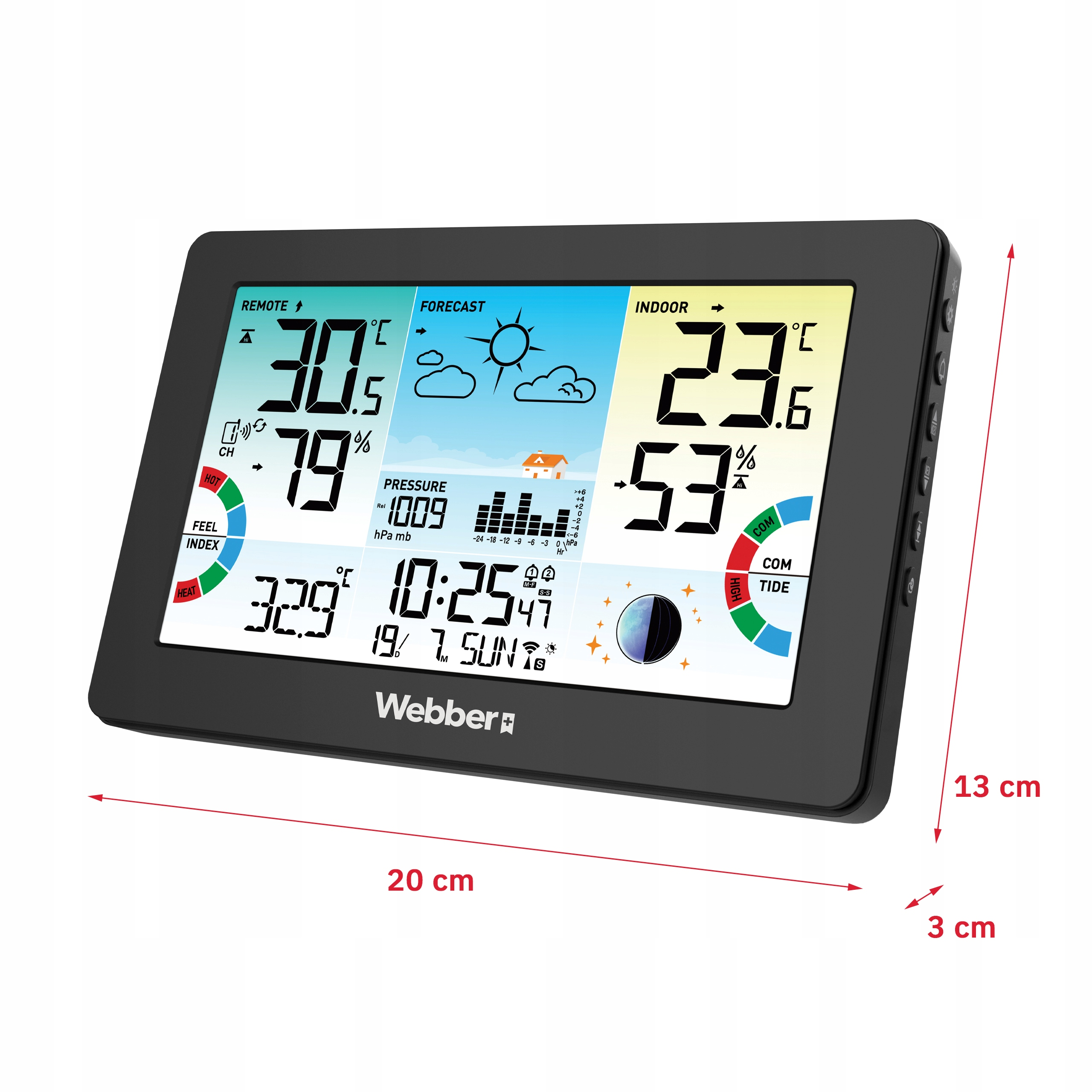 Digitale Wetterstation mit Fernanzeige, Innentemperatur, Vorhersage, Druck und Mondphase.