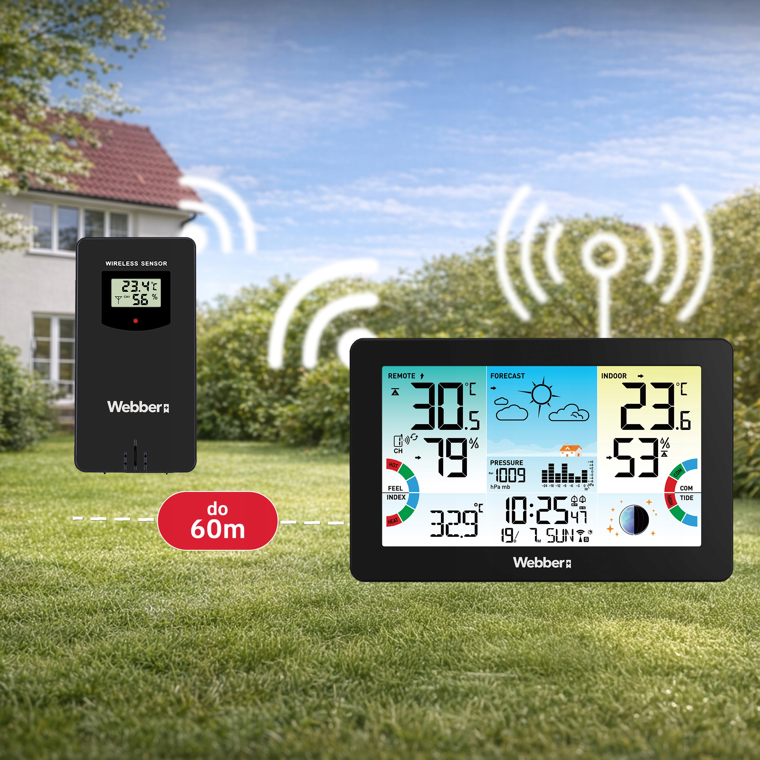 Ein schwarzer Wetterdaten-Sensor und ein farbiges Display mit Wetterinformationen im Garten.
