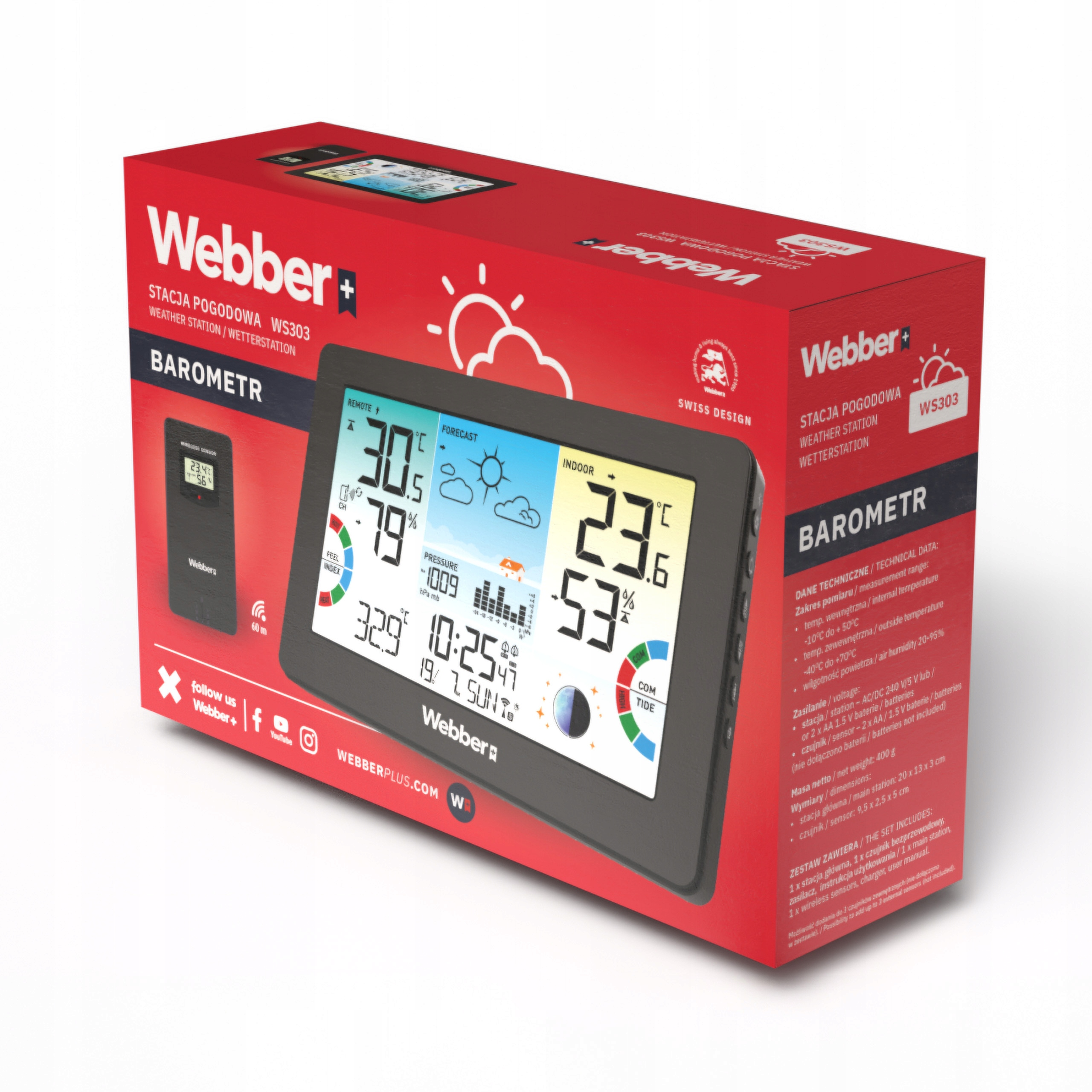 Rote Verpackungsbox für Webber WS303 Wetterstation mit Anzeige für Temperatur, Druck, Vorhersage.
