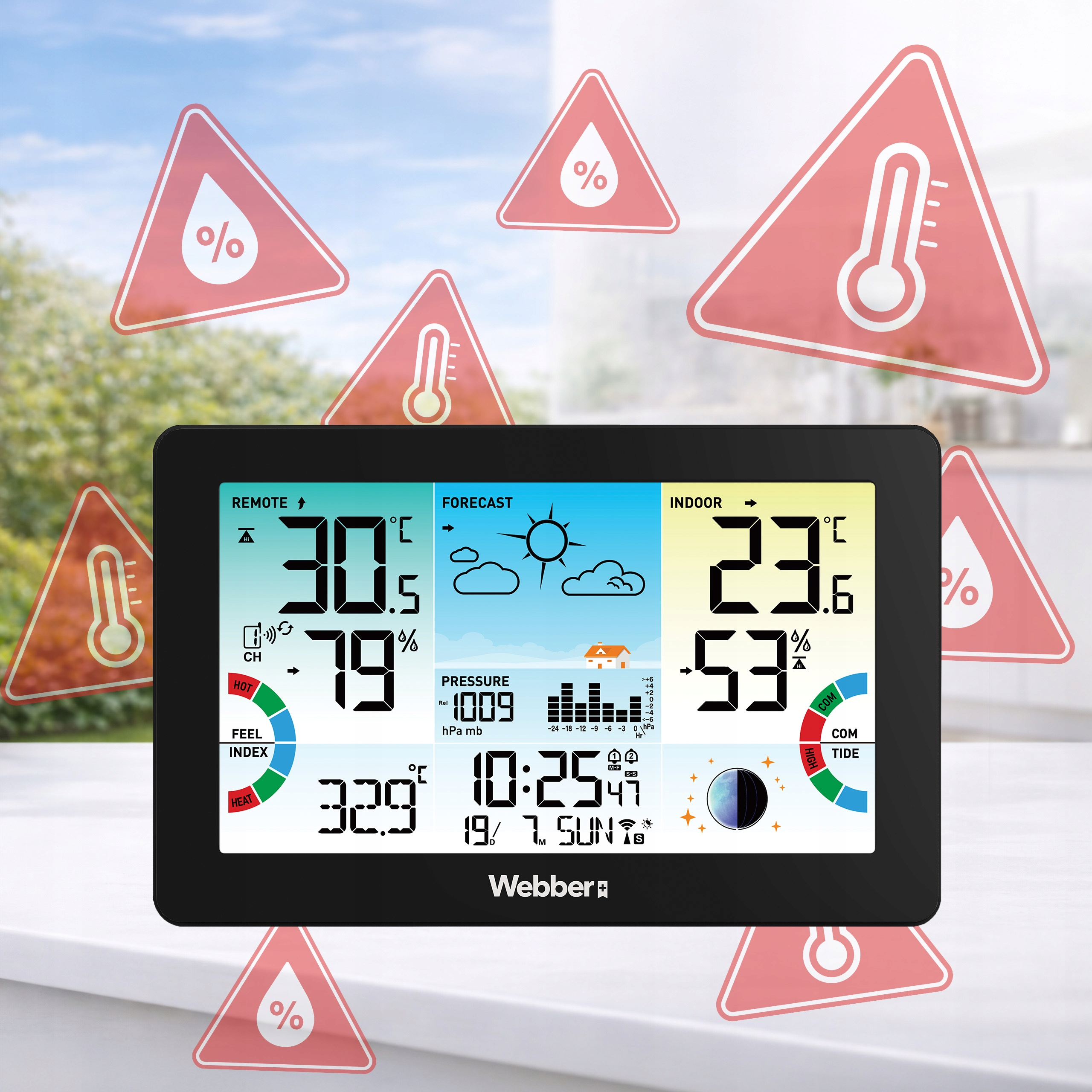Wetterstation zeigt Innen- und Außentemperaturen, Luftdruck und Vorhersage.